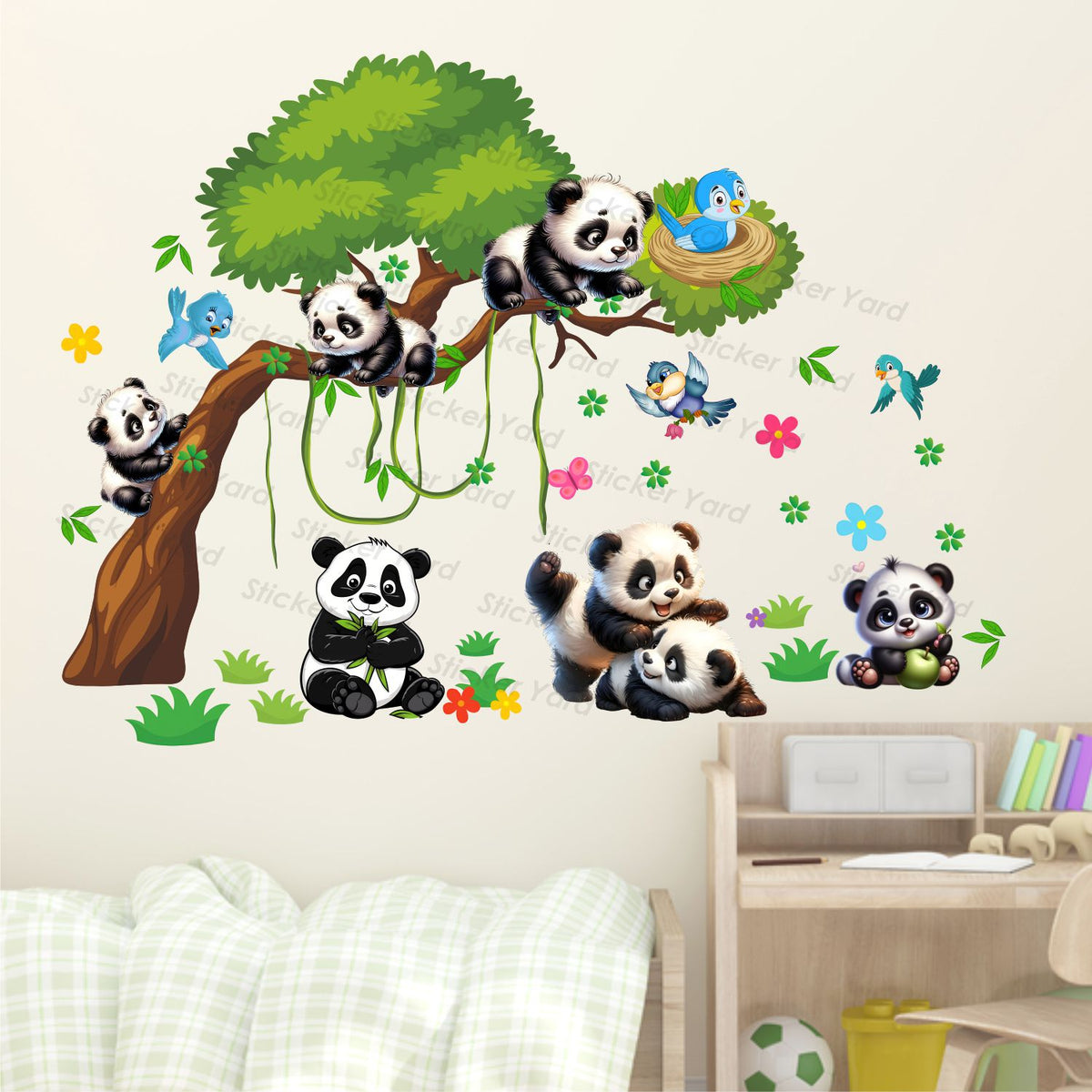 FramingoKart Pvc Vinyl Cute Panda Gang Tree Self-Adhesive Wall Sticker for Home Decor/Decoration - Living Room, Bedroom, Kids Room (Multicolor,Size 85X63CM)