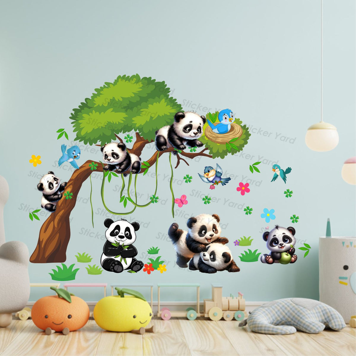 FramingoKart Pvc Vinyl Cute Panda Gang Tree Self-Adhesive Wall Sticker for Home Decor/Decoration - Living Room, Bedroom, Kids Room (Multicolor,Size 85X63CM)