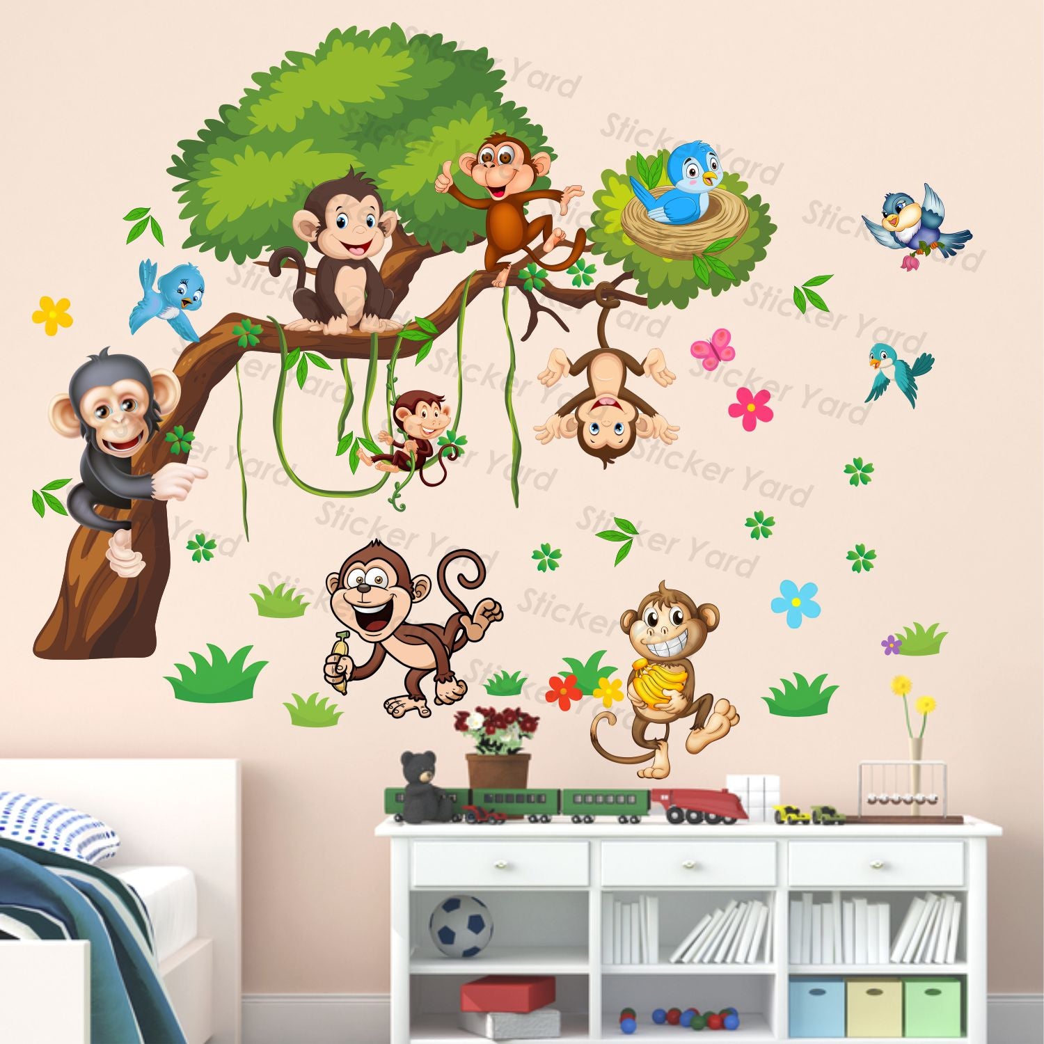 FramingoKart Pvc Vinyl Cute Monkeys On Tree Self-Adhesive Wall Sticker for Home Decor/Decoration - Living Room, Bedroom, Kids Room (Multicolor,Size 100X79CM)