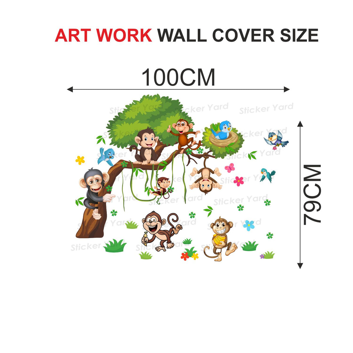 FramingoKart Pvc Vinyl Cute Monkeys On Tree Self-Adhesive Wall Sticker for Home Decor/Decoration - Living Room, Bedroom, Kids Room (Multicolor,Size 100X79CM)