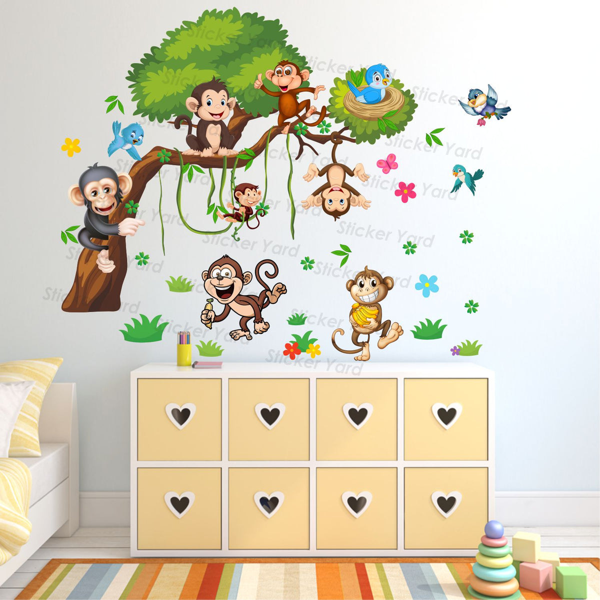 FramingoKart Pvc Vinyl Cute Monkeys On Tree Self-Adhesive Wall Sticker for Home Decor/Decoration - Living Room, Bedroom, Kids Room (Multicolor,Size 100X79CM)