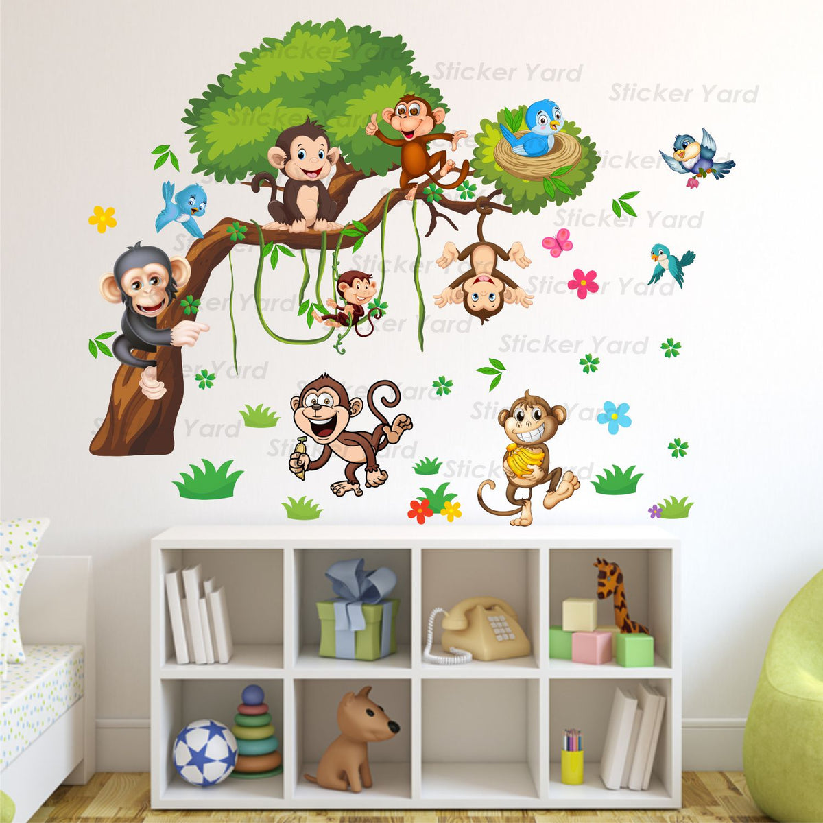 FramingoKart Pvc Vinyl Cute Monkeys On Tree Self-Adhesive Wall Sticker for Home Decor/Decoration - Living Room, Bedroom, Kids Room (Multicolor,Size 100X79CM)