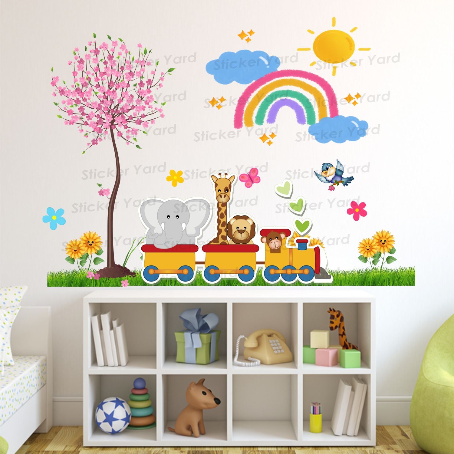 FramingoKart Pvc Vinyl Animals Train Cute Self-Adhesive Wall Sticker for Home Decor/Decoration - Living Room, Bedroom, Kids Room (Multicolor,Size 93X68CM)