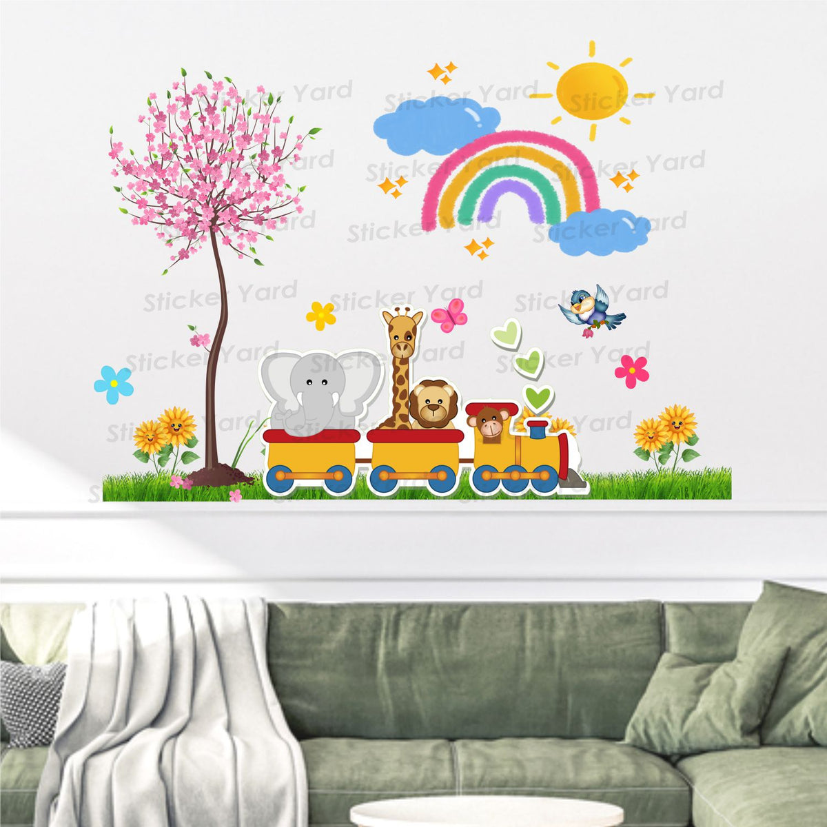 FramingoKart Pvc Vinyl Animals Train Cute Self-Adhesive Wall Sticker for Home Decor/Decoration - Living Room, Bedroom, Kids Room (Multicolor,Size 93X68CM)