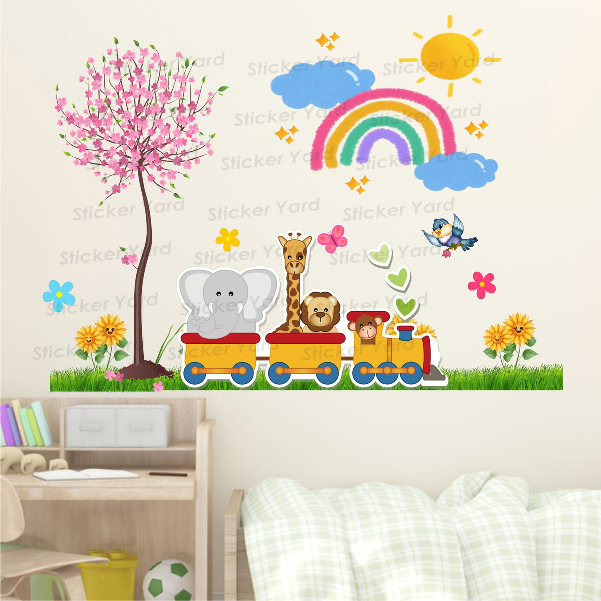 FramingoKart Pvc Vinyl Animals Train Cute Self-Adhesive Wall Sticker for Home Decor/Decoration - Living Room, Bedroom, Kids Room (Multicolor,Size 93X68CM)