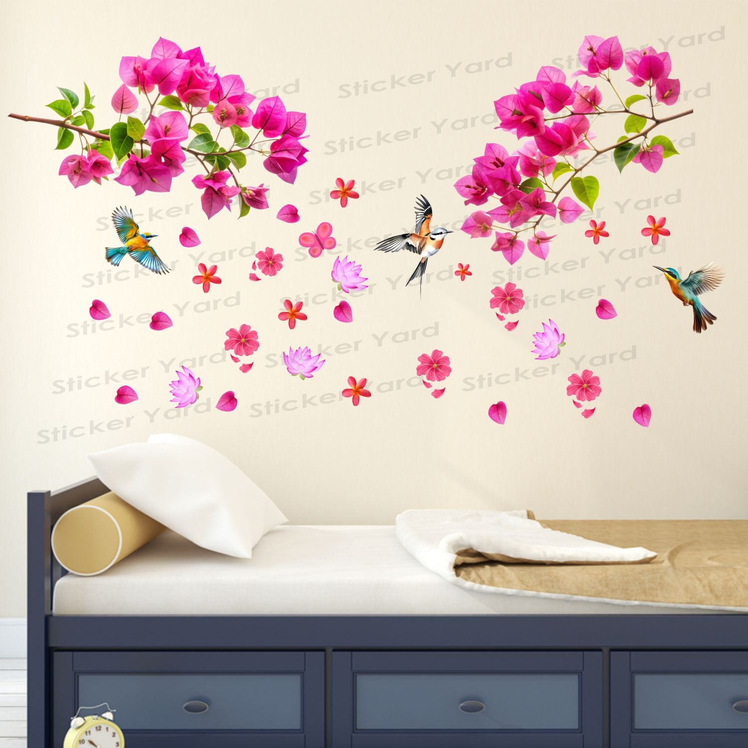 FramingoKart Pvc Vinyl Pink Branch Flowers Birds Self-Adhesive Wall Sticker for Home Decor/Decoration - Living Room, Bedroom, Kids Room (Multicolor,Size 132X68CM)