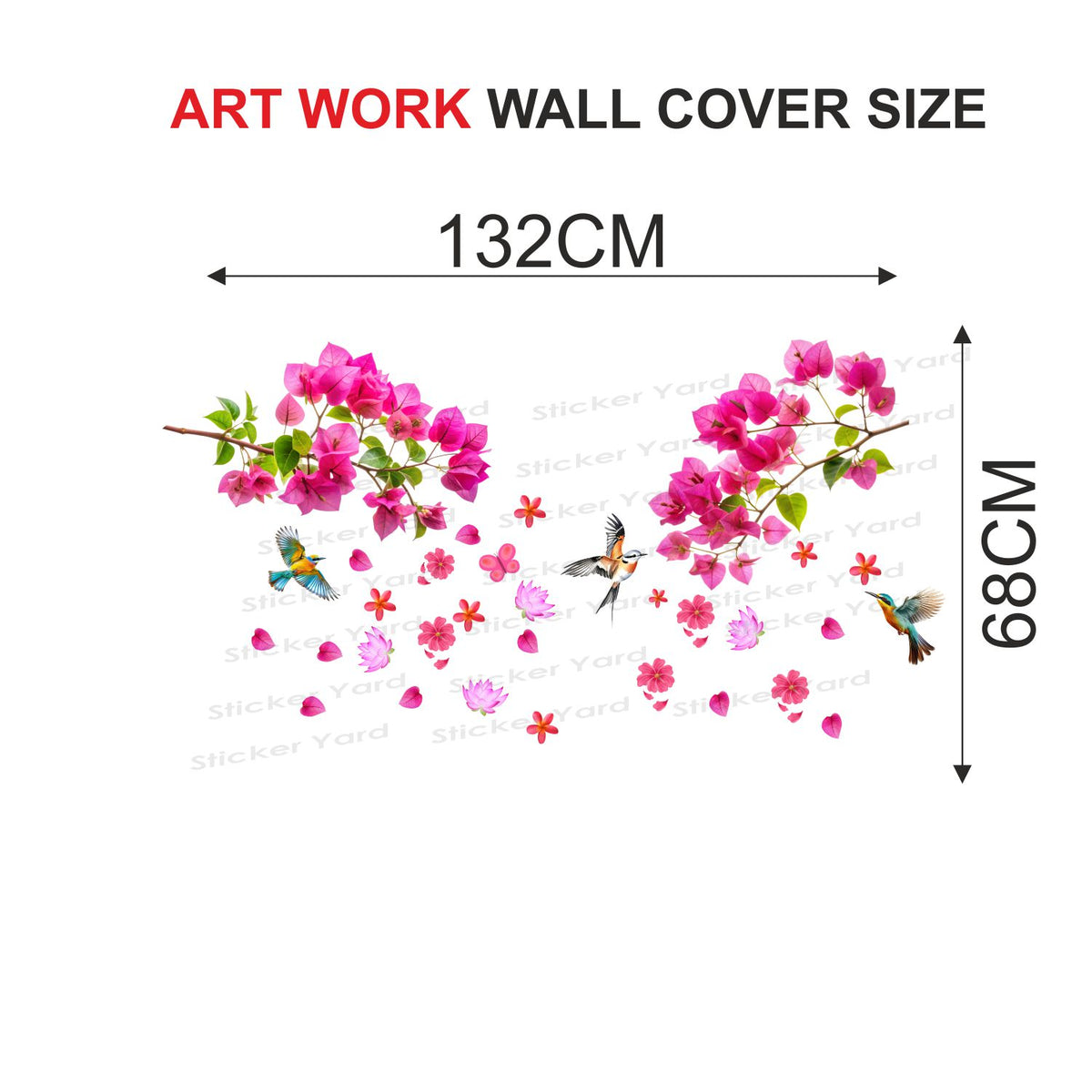 FramingoKart Pvc Vinyl Pink Branch Flowers Birds Self-Adhesive Wall Sticker for Home Decor/Decoration - Living Room, Bedroom, Kids Room (Multicolor,Size 132X68CM)