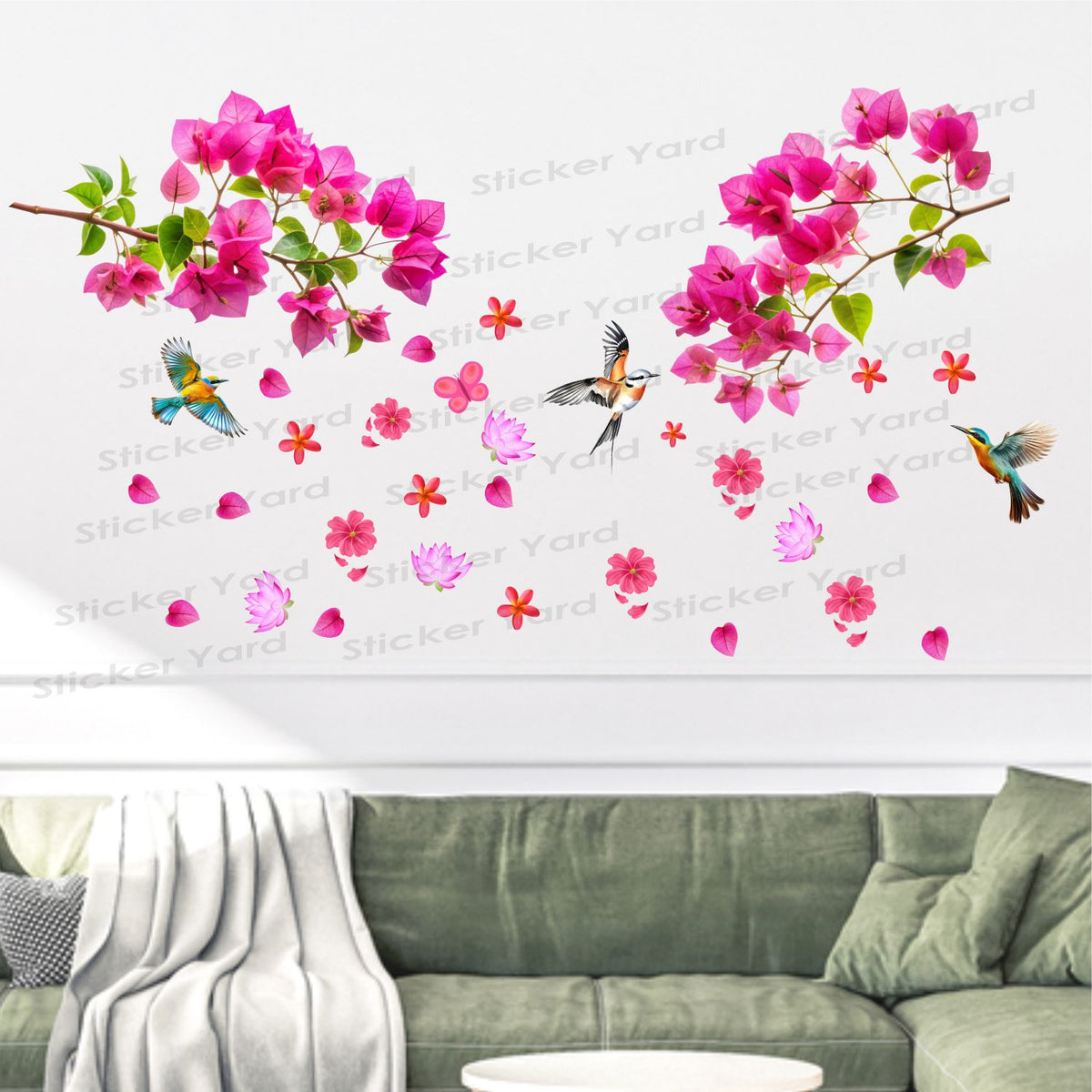 FramingoKart Pvc Vinyl Pink Branch Flowers Birds Self-Adhesive Wall Sticker for Home Decor/Decoration - Living Room, Bedroom, Kids Room (Multicolor,Size 132X68CM)