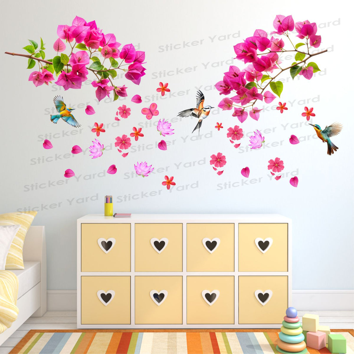 FramingoKart Pvc Vinyl Pink Branch Flowers Birds Self-Adhesive Wall Sticker for Home Decor/Decoration - Living Room, Bedroom, Kids Room (Multicolor,Size 132X68CM)