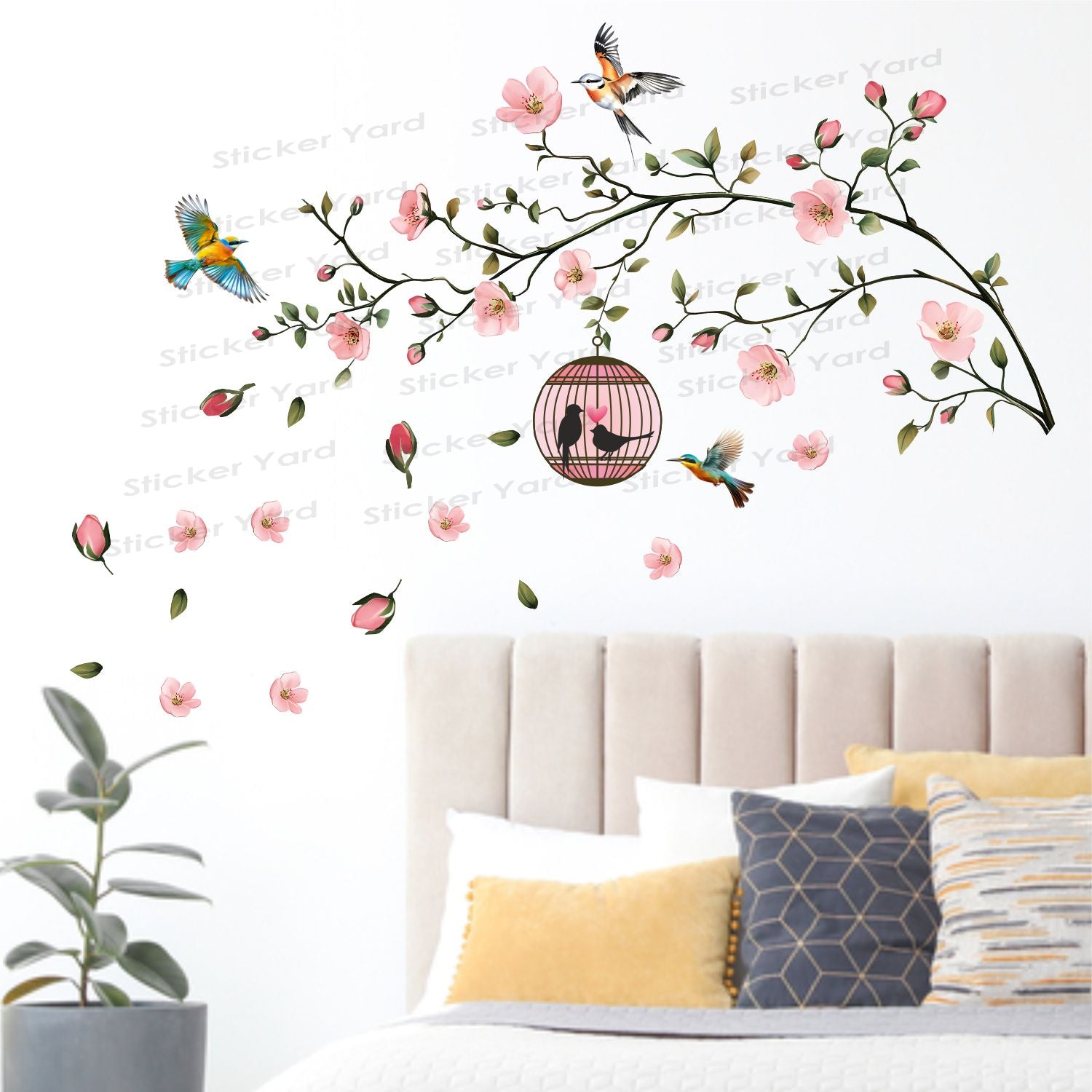FramingoKart Pvc Vinyl Branch Flowers Birds Self-Adhesive Wall Sticker for Home Decor/Decoration - Living Room, Bedroom, Kids Room (Multicolor,Size 122X89CM)