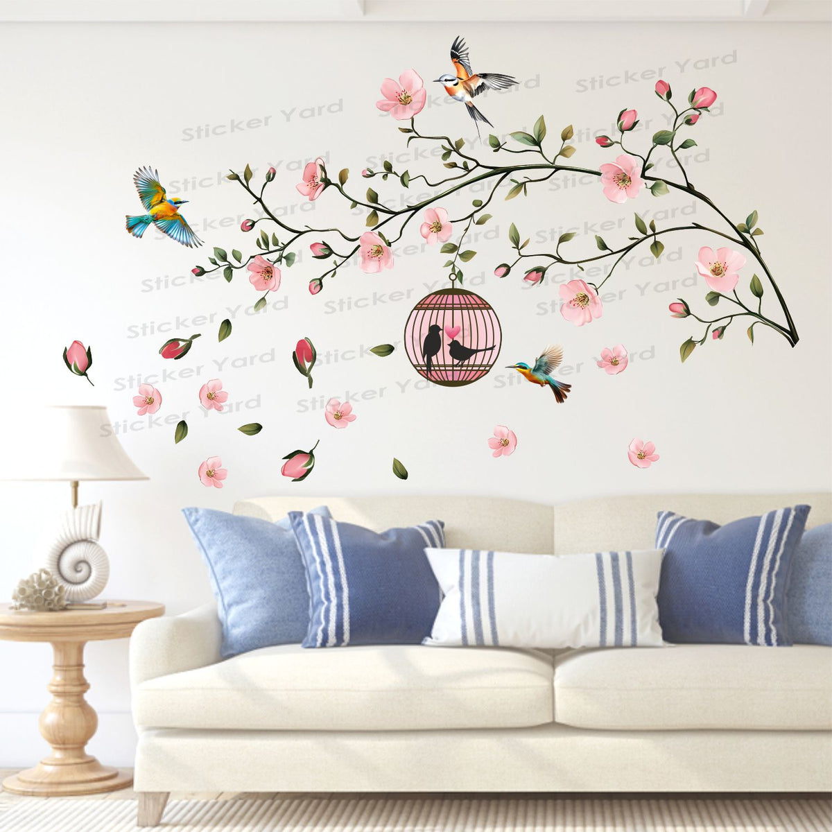 FramingoKart Pvc Vinyl Branch Flowers Birds Self-Adhesive Wall Sticker for Home Decor/Decoration - Living Room, Bedroom, Kids Room (Multicolor,Size 122X89CM)