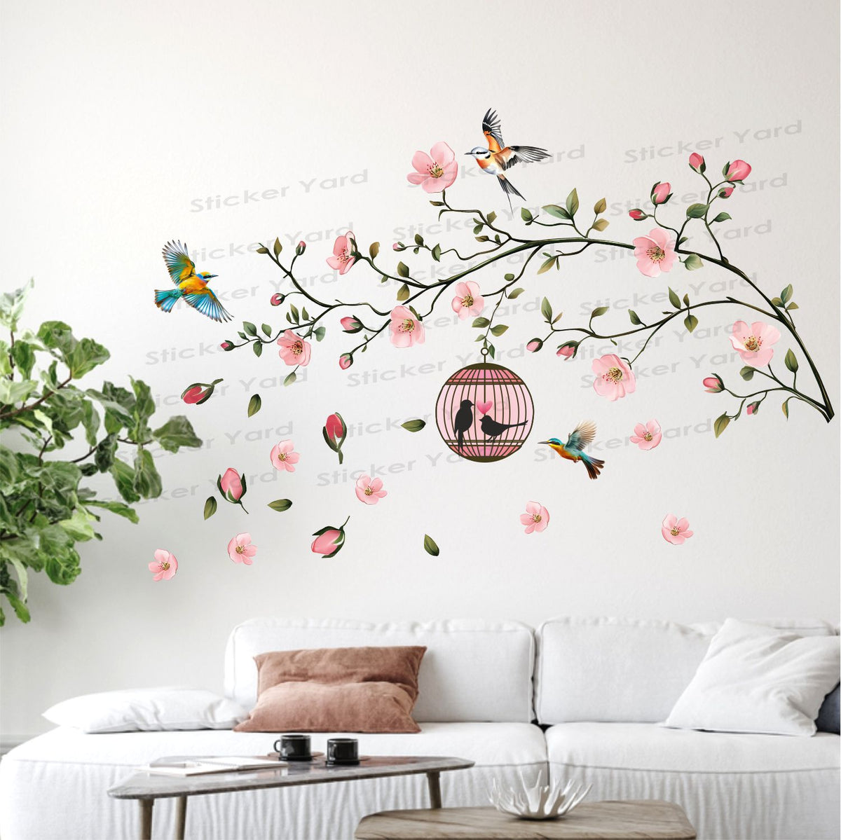 FramingoKart Pvc Vinyl Branch Flowers Birds Self-Adhesive Wall Sticker for Home Decor/Decoration - Living Room, Bedroom, Kids Room (Multicolor,Size 122X89CM)