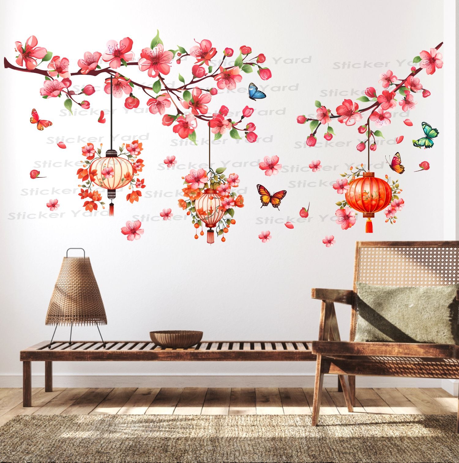 FramingoKart Pvc Vinyl Flowers Branch Lantern  Self-Adhesive Wall Sticker for Home Decor/Decoration - Living Room, Bedroom, Kids Room (Multicolor,Size 122X60CM)