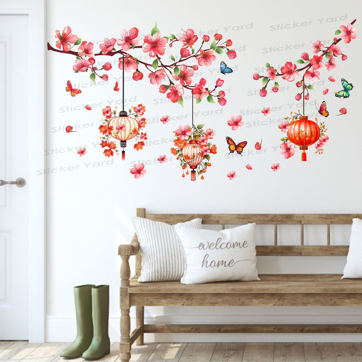 FramingoKart Pvc Vinyl Flowers Branch Lantern  Self-Adhesive Wall Sticker for Home Decor/Decoration - Living Room, Bedroom, Kids Room (Multicolor,Size 122X60CM)
