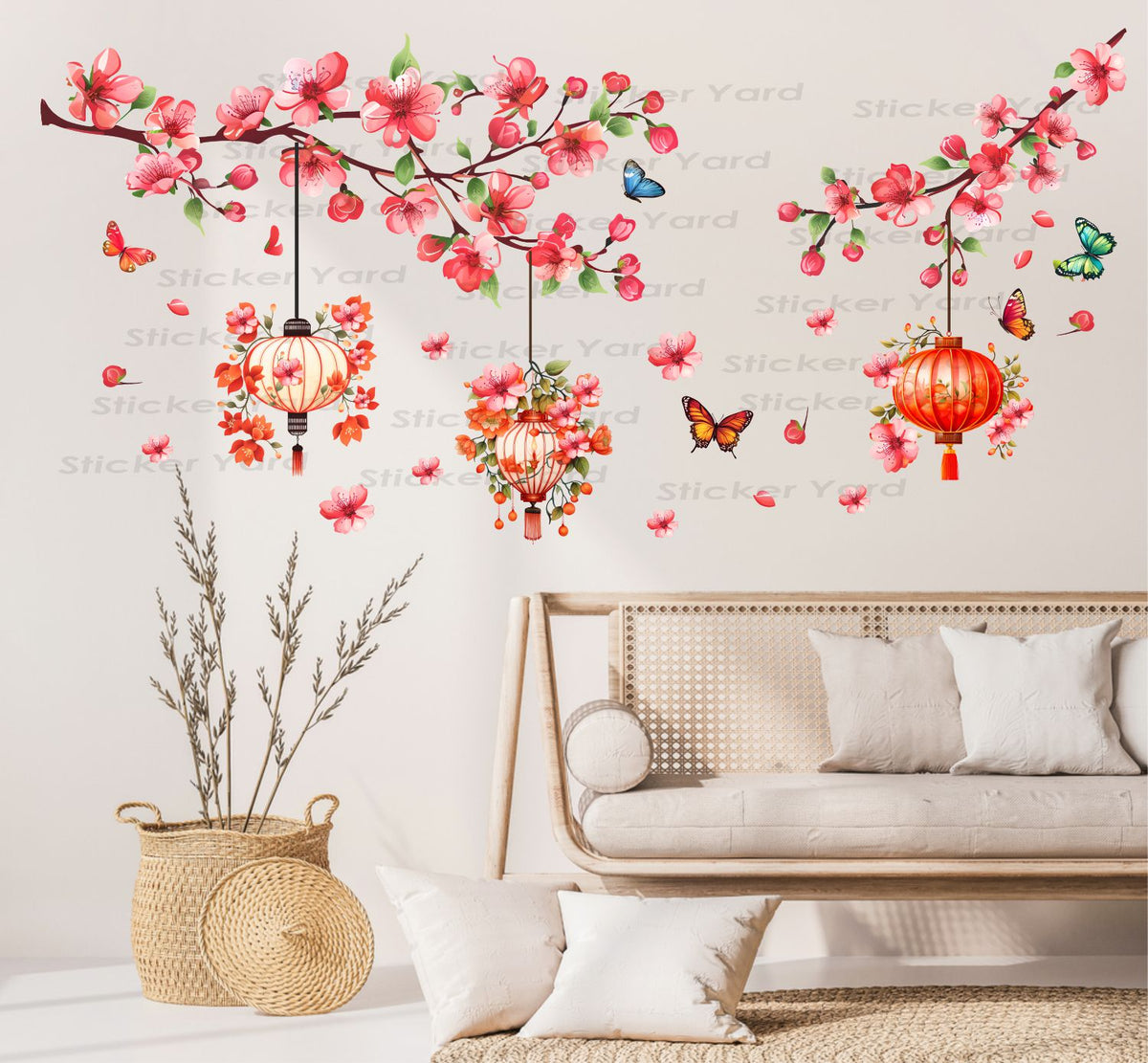 FramingoKart Pvc Vinyl Flowers Branch Lantern  Self-Adhesive Wall Sticker for Home Decor/Decoration - Living Room, Bedroom, Kids Room (Multicolor,Size 122X60CM)