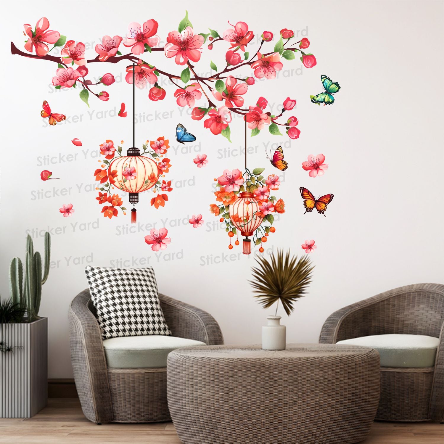 FramingoKart Pvc Vinyl Branch Flowers Birds Lantern Self-Adhesive Wall Sticker for Home Decor/Decoration - Living Room, Bedroom, Kids Room (Multicolor,Size 74X57CM)