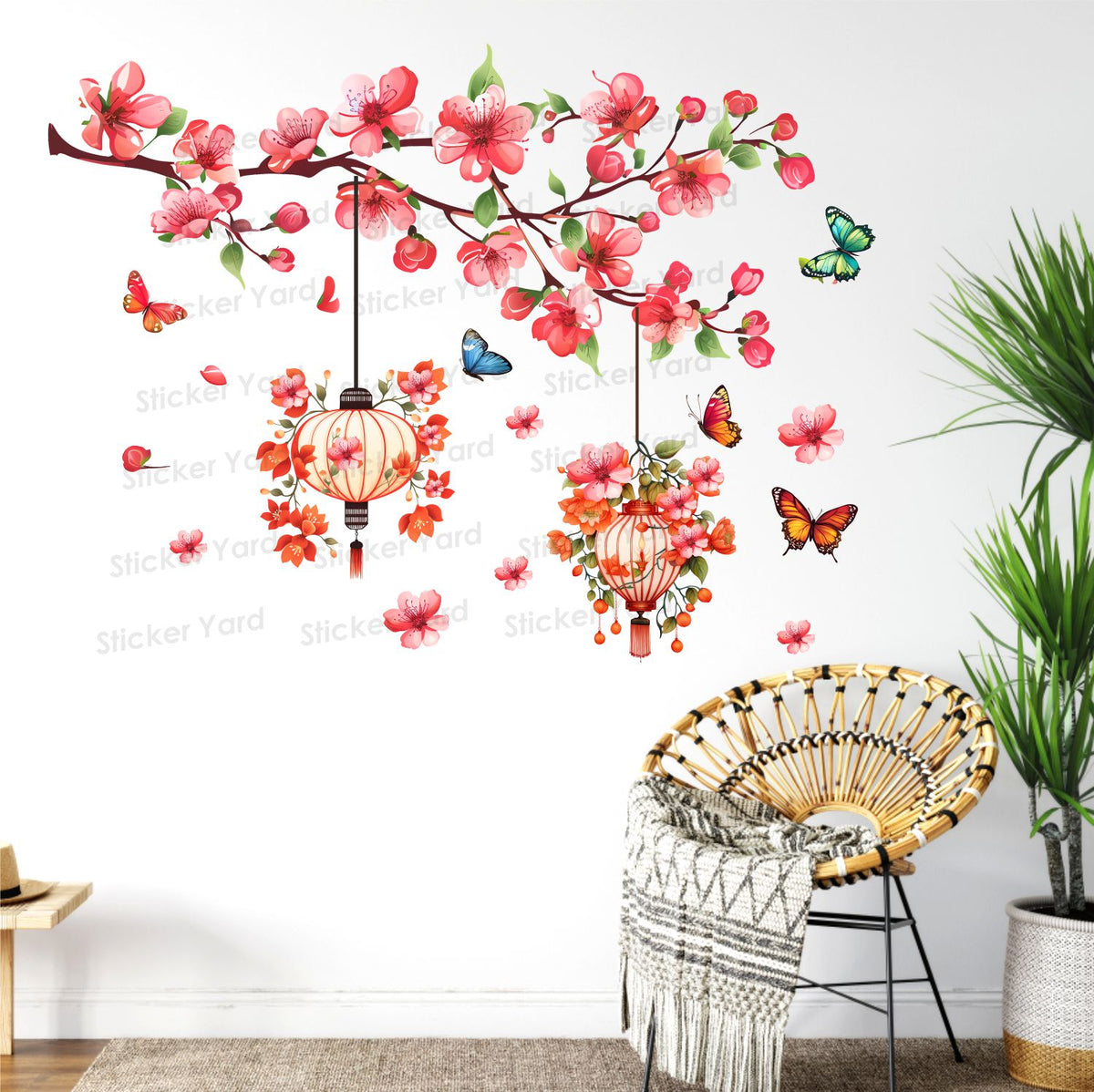 FramingoKart Pvc Vinyl Branch Flowers Birds Lantern Self-Adhesive Wall Sticker for Home Decor/Decoration - Living Room, Bedroom, Kids Room (Multicolor,Size 74X57CM)