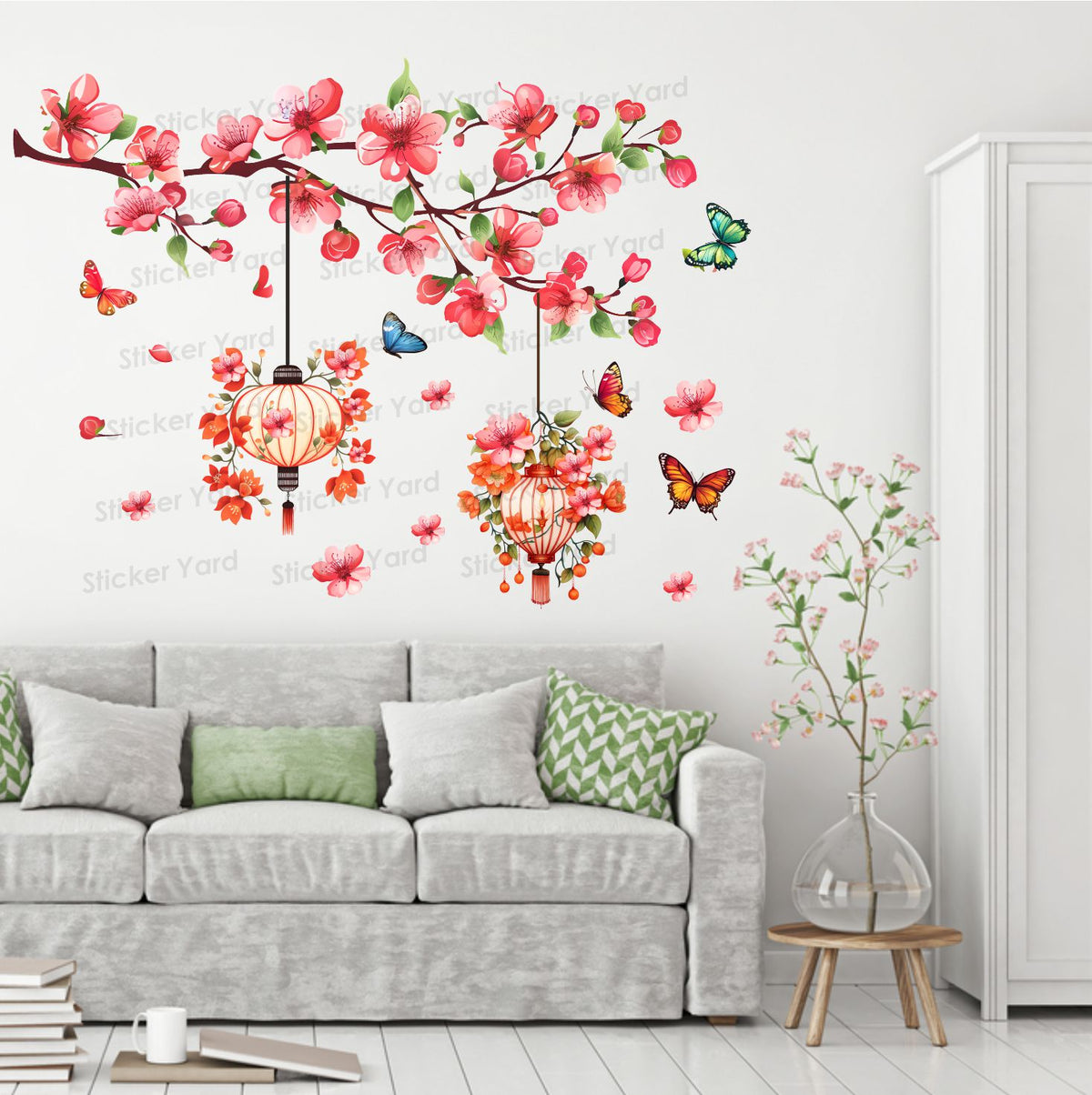 FramingoKart Pvc Vinyl Branch Flowers Birds Lantern Self-Adhesive Wall Sticker for Home Decor/Decoration - Living Room, Bedroom, Kids Room (Multicolor,Size 74X57CM)