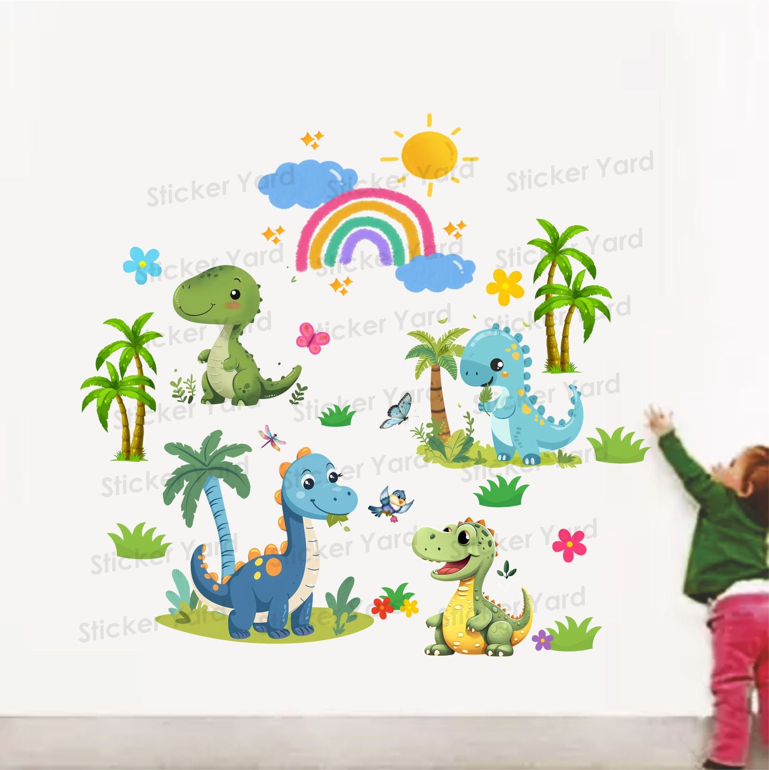 FramingoKart Pvc Vinyl Cute Dinosaurs Self-Adhesive Wall Sticker for Home Decor/Decoration - Living Room, Bedroom, Kids Room (Multicolor,Size 76X73CM)
