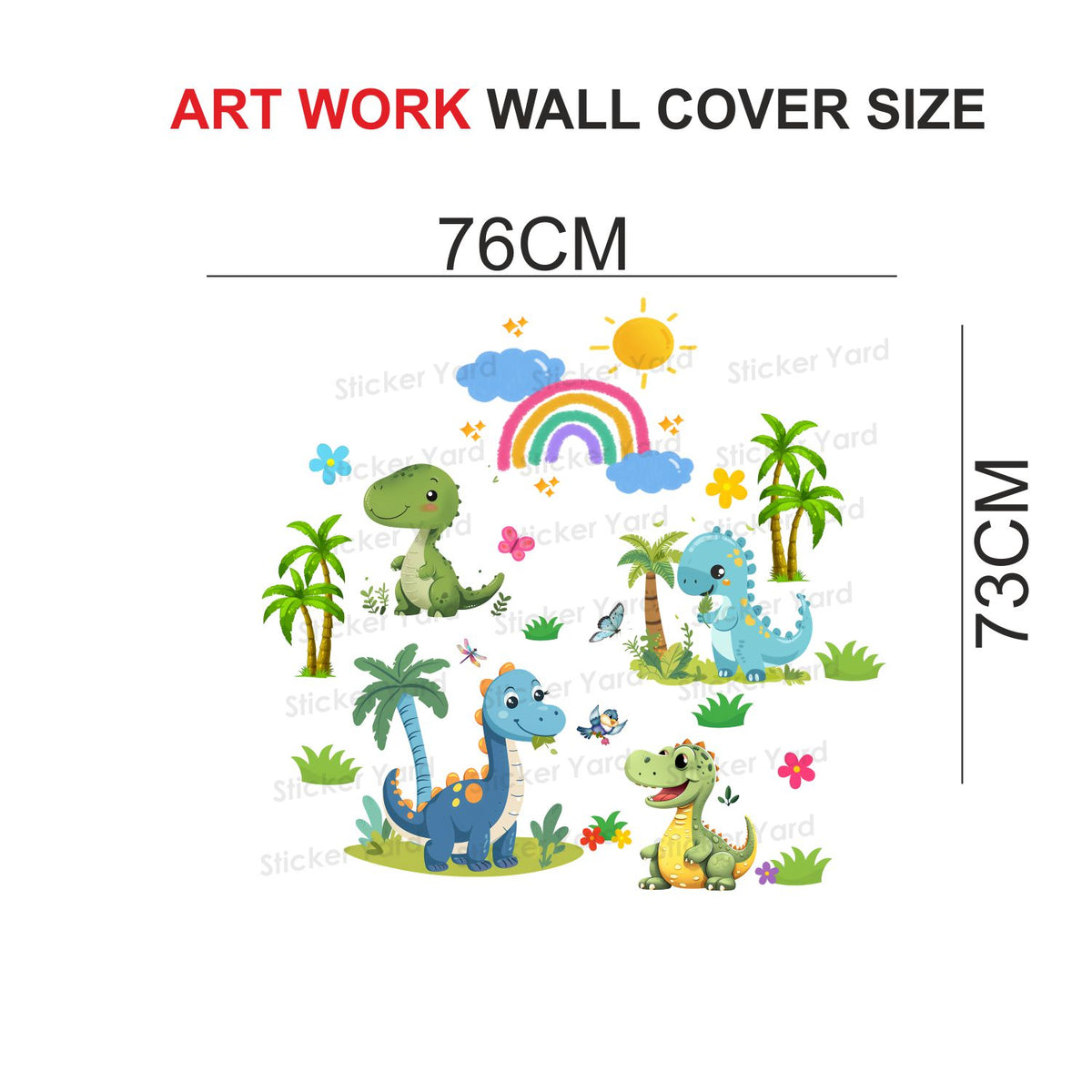 FramingoKart Pvc Vinyl Cute Dinosaurs Self-Adhesive Wall Sticker for Home Decor/Decoration - Living Room, Bedroom, Kids Room (Multicolor,Size 76X73CM)