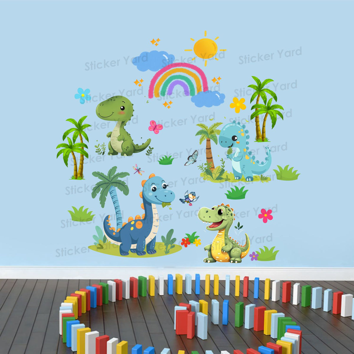FramingoKart Pvc Vinyl Cute Dinosaurs Self-Adhesive Wall Sticker for Home Decor/Decoration - Living Room, Bedroom, Kids Room (Multicolor,Size 76X73CM)