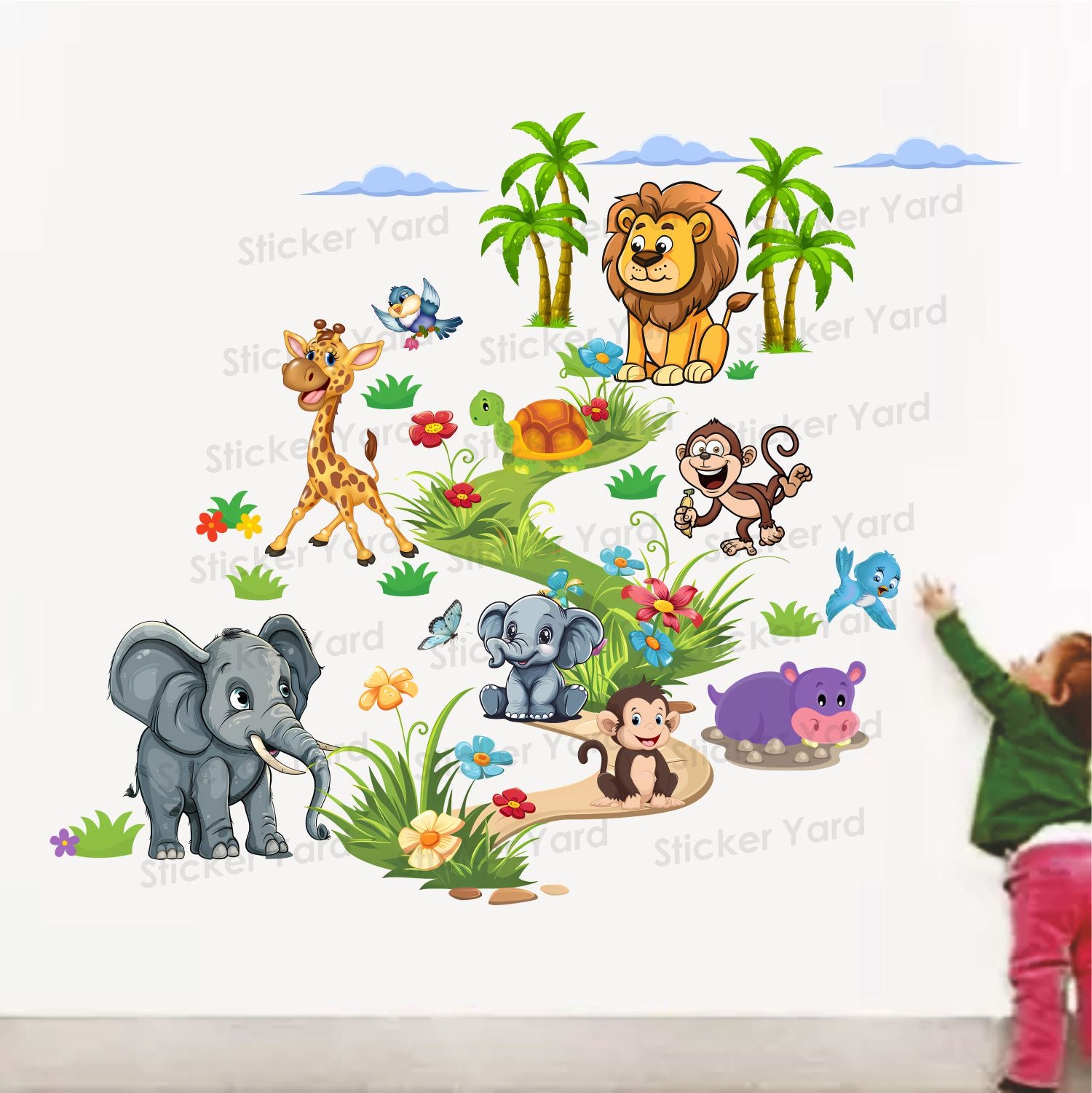 FramingoKart Pvc Vinyl Cute Animals Path  Self-Adhesive Wall Sticker for Home Decor/Decoration - Living Room, Bedroom, Kids Room (Multicolor,Size 94X77CM)