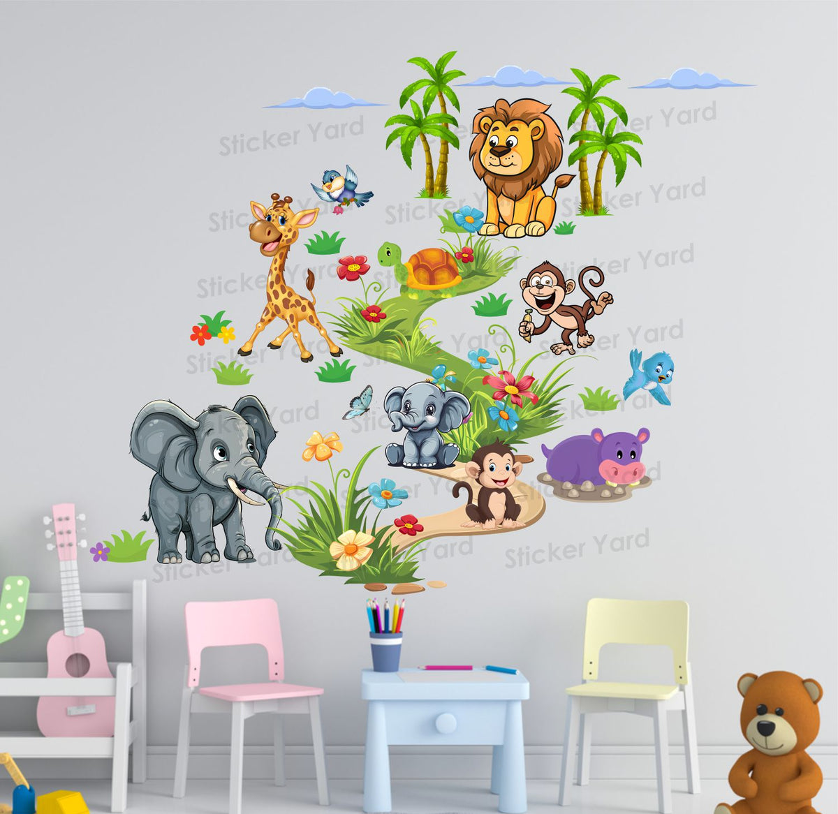 FramingoKart Pvc Vinyl Cute Animals Path  Self-Adhesive Wall Sticker for Home Decor/Decoration - Living Room, Bedroom, Kids Room (Multicolor,Size 94X77CM)