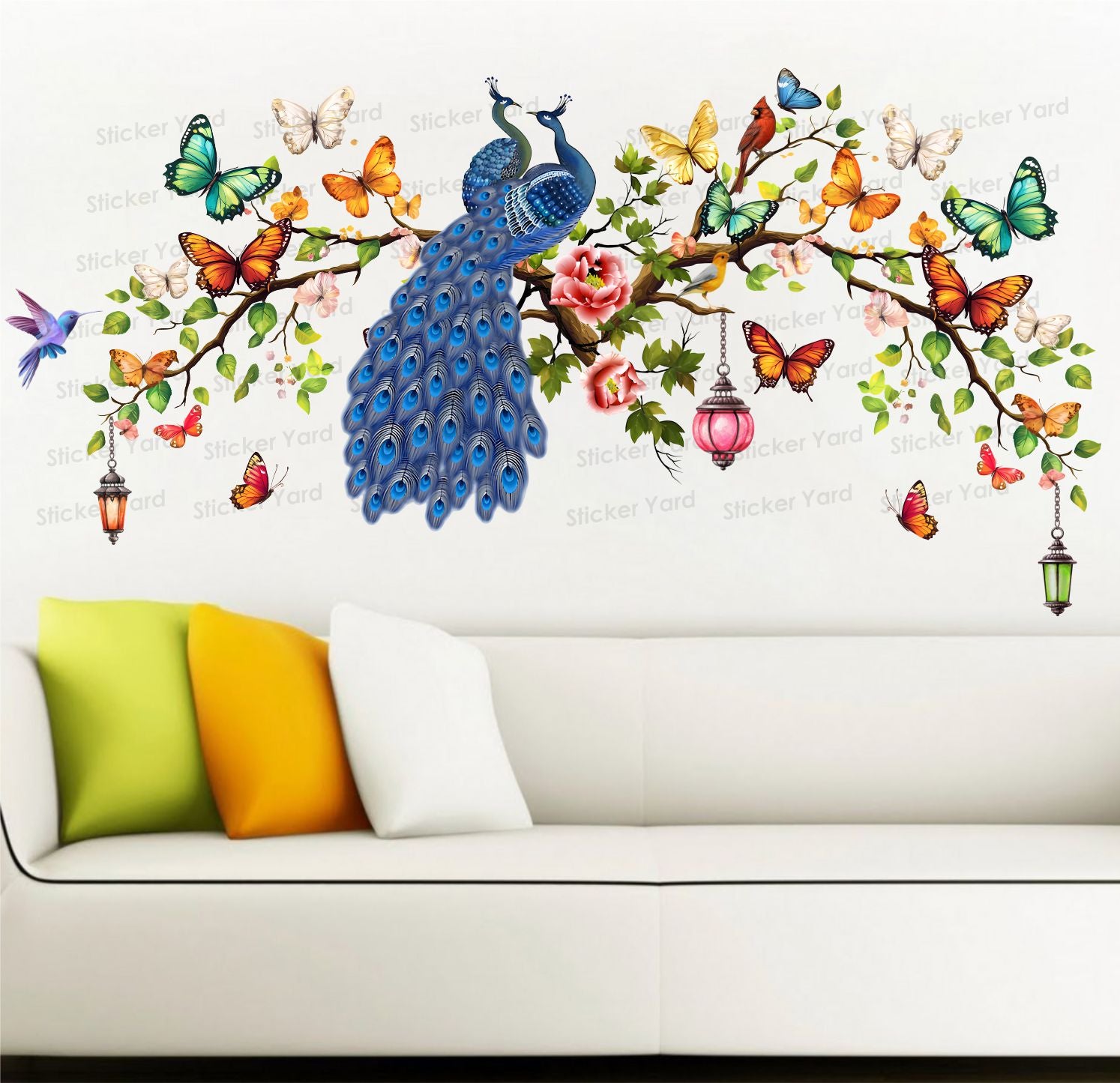 FramingoKart Pvc Vinyl Peacock On Colorful Branch Self-Adhesive Wall Sticker for Home Decor/Decoration - Living Room, Bedroom, Kids Room (Multicolor,Size 106X55CM)