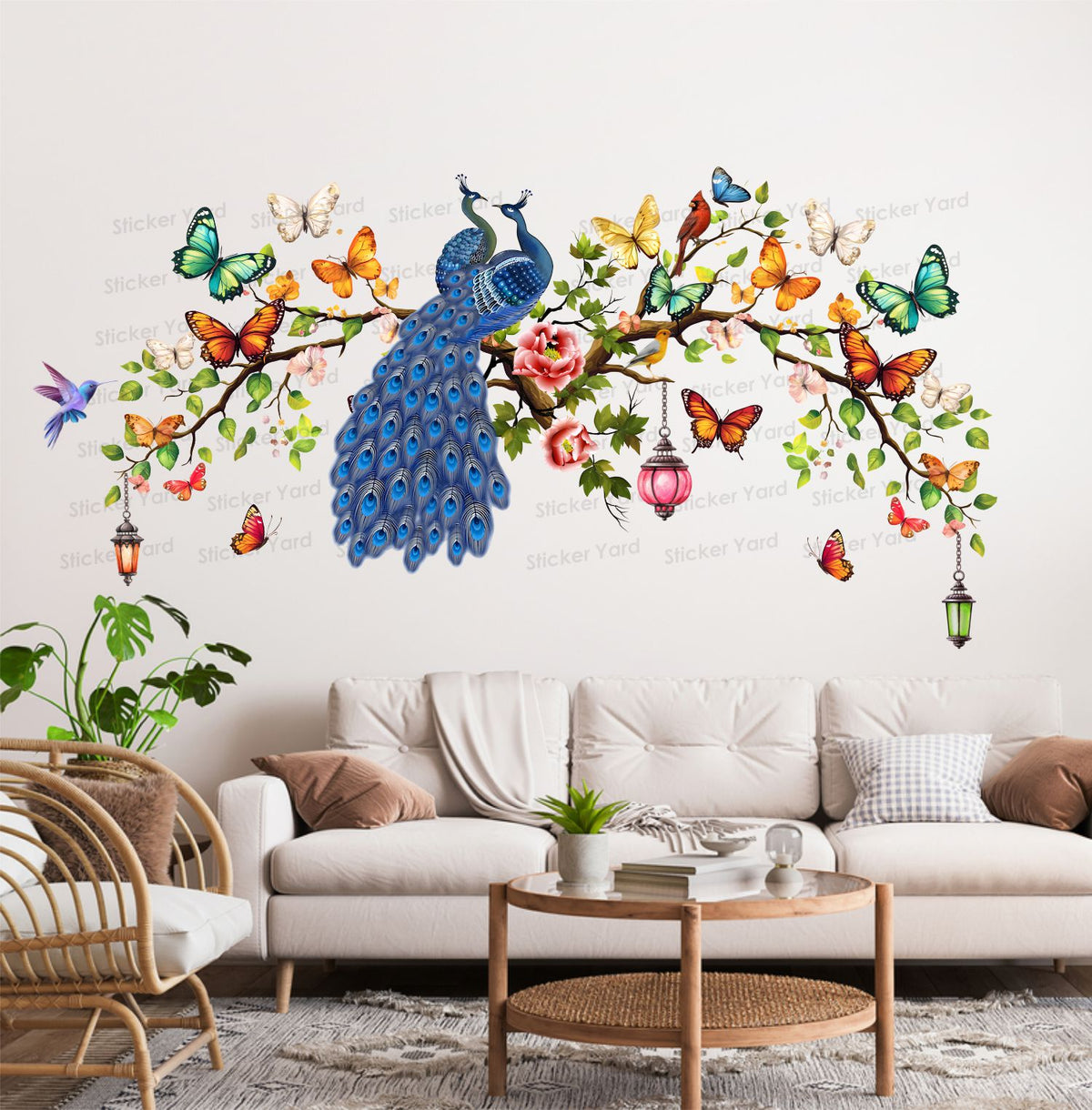 FramingoKart Pvc Vinyl Peacock On Colorful Branch Self-Adhesive Wall Sticker for Home Decor/Decoration - Living Room, Bedroom, Kids Room (Multicolor,Size 106X55CM)