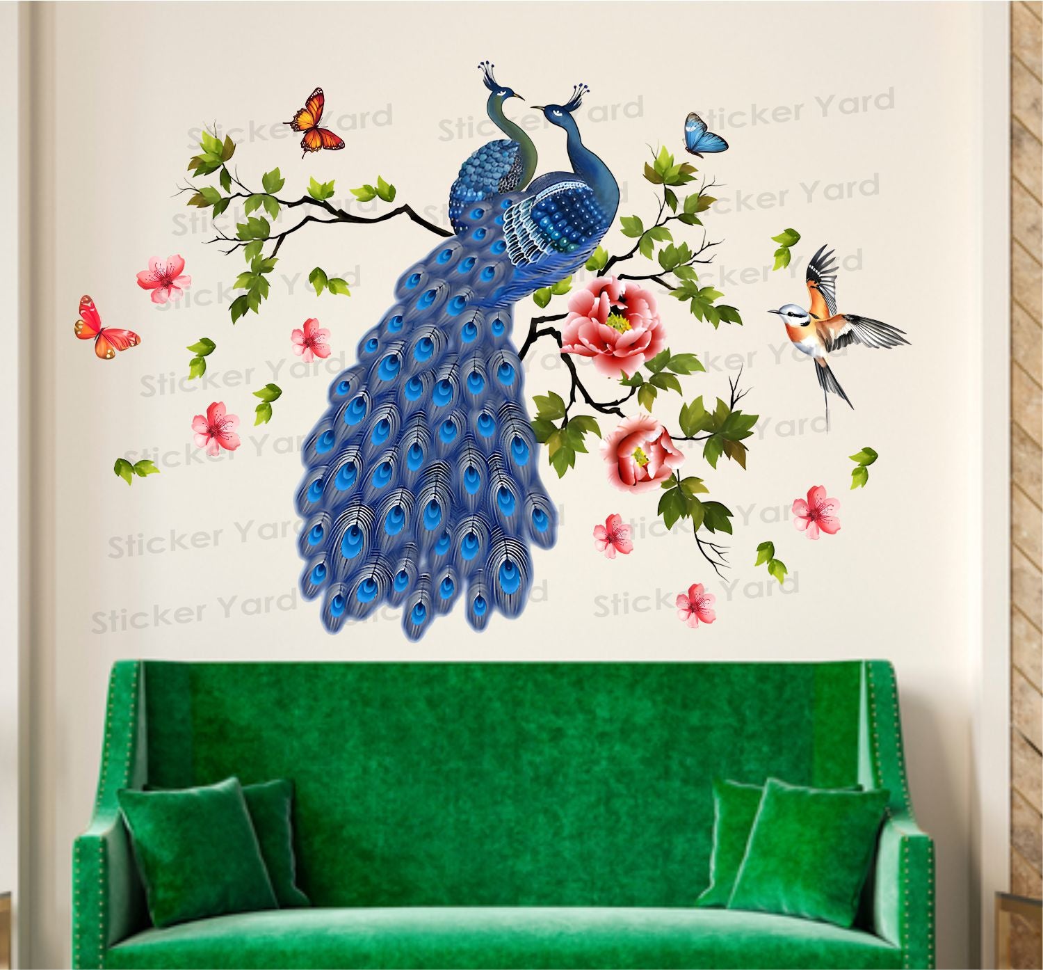 FramingoKart Pvc Vinyl Peacock Branch Floral Self-Adhesive Wall Sticker for Home Decor/Decoration - Living Room, Bedroom, Kids Room (Multicolor,Size 108X74CM)
