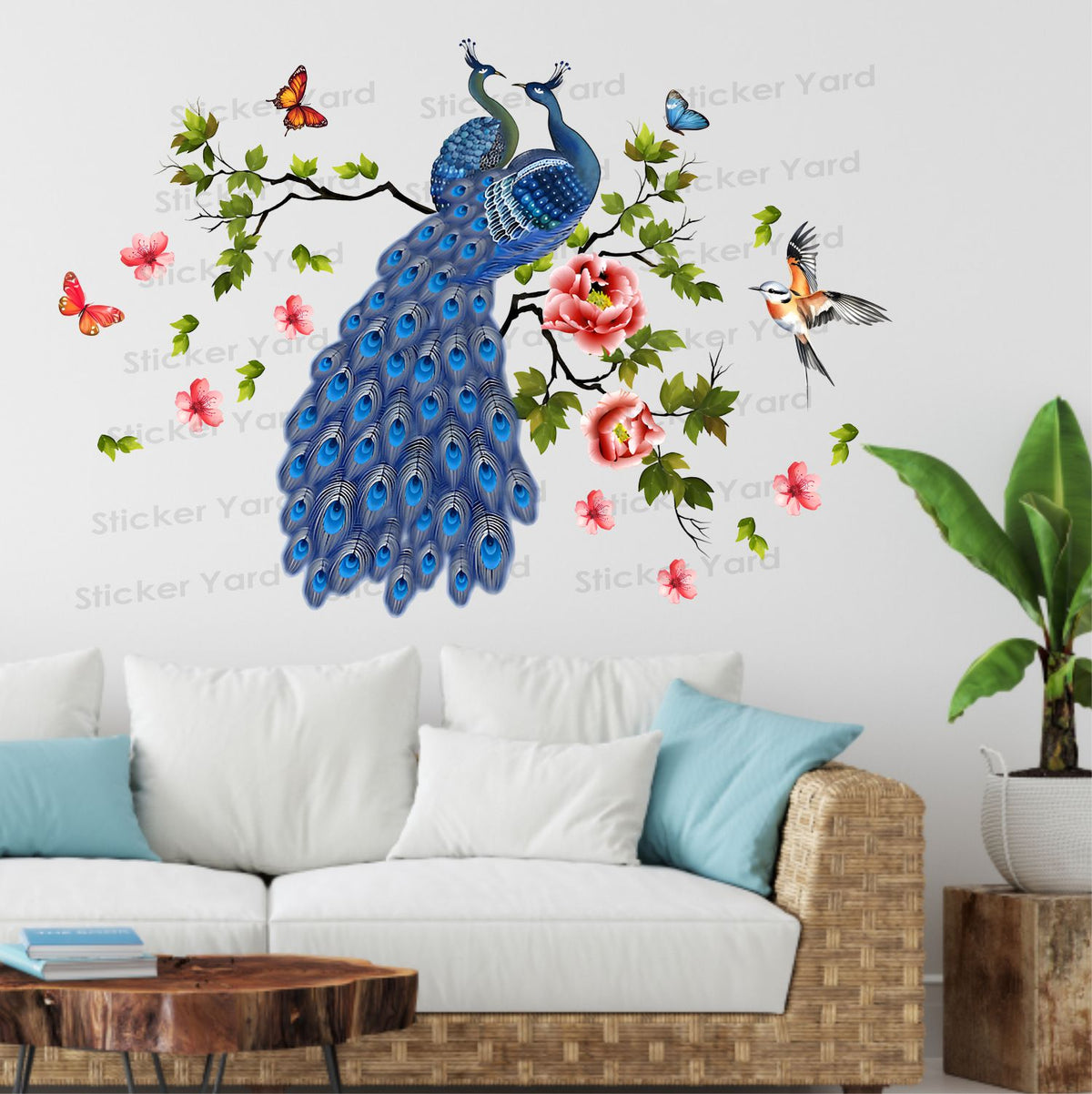 FramingoKart Pvc Vinyl Peacock Branch Floral Self-Adhesive Wall Sticker for Home Decor/Decoration - Living Room, Bedroom, Kids Room (Multicolor,Size 108X74CM)