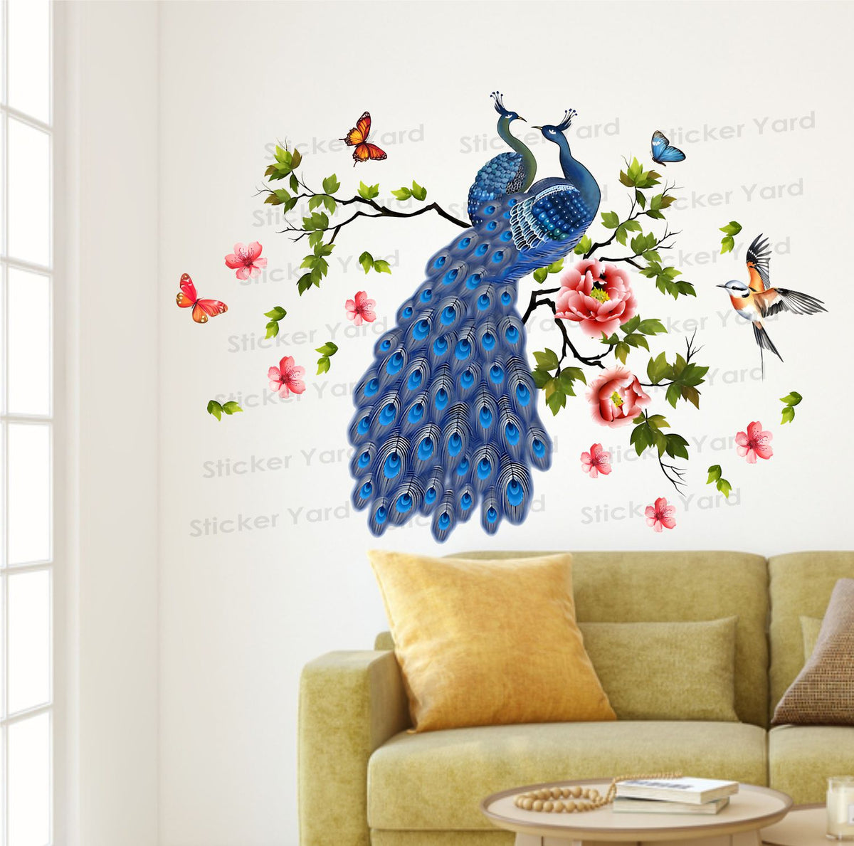 FramingoKart Pvc Vinyl Peacock Branch Floral Self-Adhesive Wall Sticker for Home Decor/Decoration - Living Room, Bedroom, Kids Room (Multicolor,Size 108X74CM)