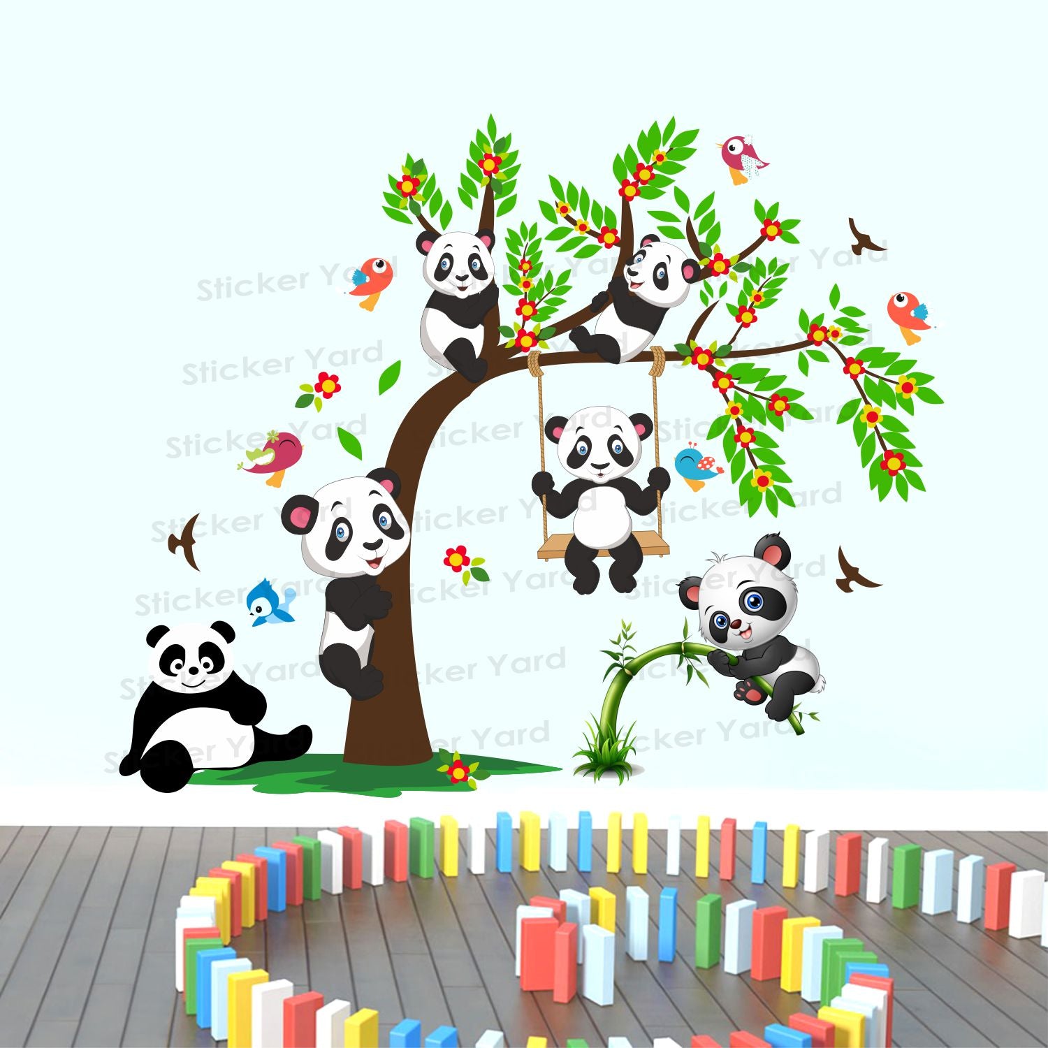 FramingoKart Pvc Vinyl Panda Tree Swing Self-Adhesive Wall Sticker for Home Decor/Decoration - Living Room, Bedroom, Kids Room (Multicolor,Size 78X65CM)