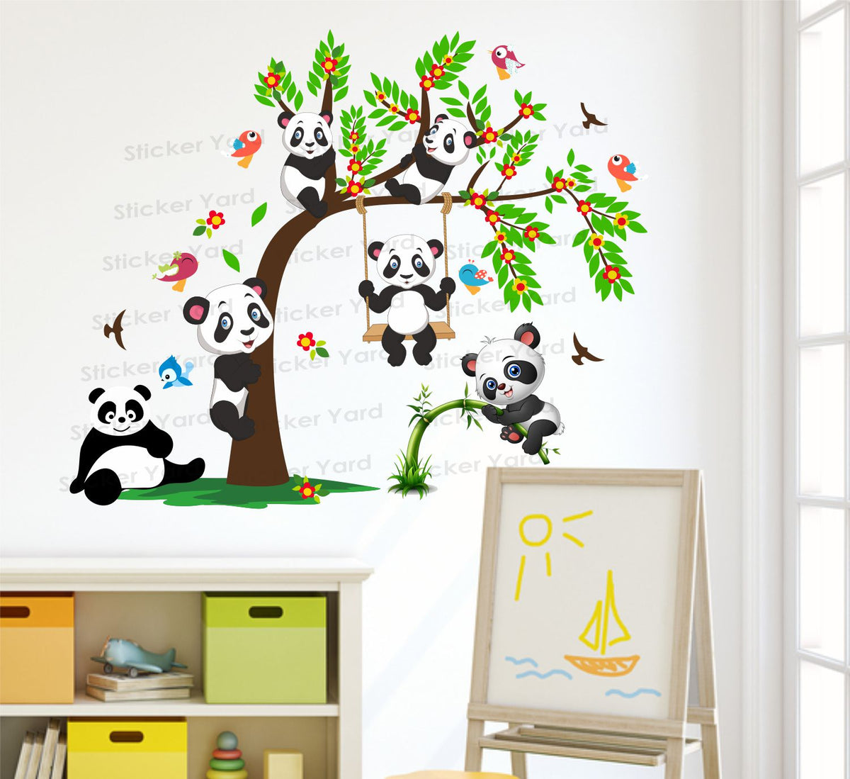 FramingoKart Pvc Vinyl Panda Tree Swing Self-Adhesive Wall Sticker for Home Decor/Decoration - Living Room, Bedroom, Kids Room (Multicolor,Size 78X65CM)