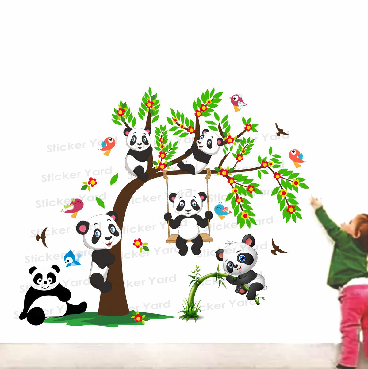 FramingoKart Pvc Vinyl Panda Tree Swing Self-Adhesive Wall Sticker for Home Decor/Decoration - Living Room, Bedroom, Kids Room (Multicolor,Size 78X65CM)