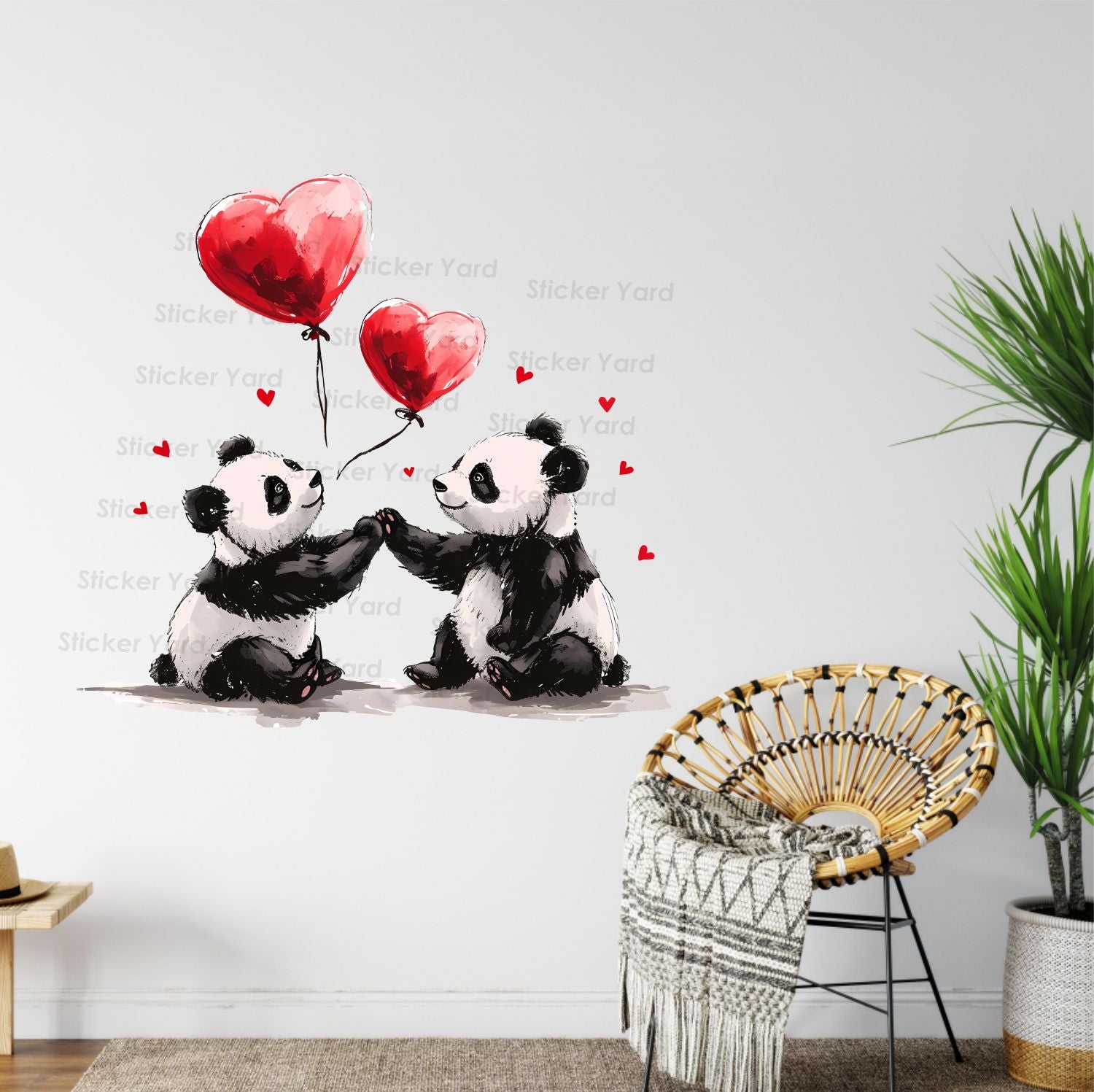 FramingoKart Pvc Vinyl Panda Couple Hearts Self-Adhesive Wall Sticker for Home Decor/Decoration - Living Room, Bedroom, Kids Room (Multicolor,Size 73X67CM)