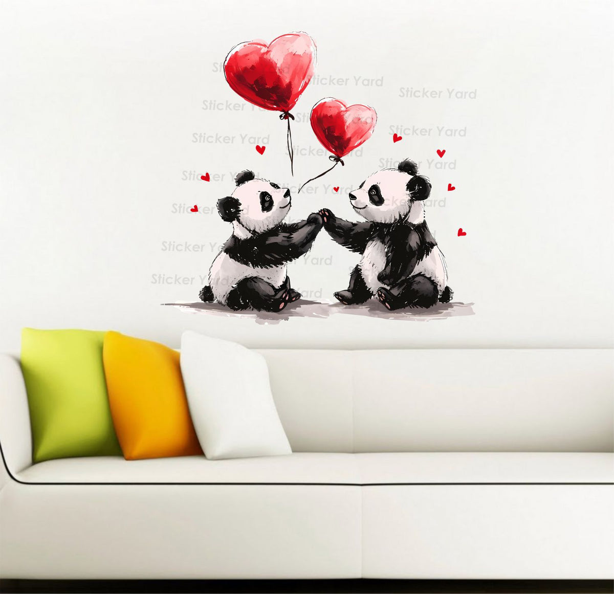 FramingoKart Pvc Vinyl Panda Couple Hearts Self-Adhesive Wall Sticker for Home Decor/Decoration - Living Room, Bedroom, Kids Room (Multicolor,Size 73X67CM)