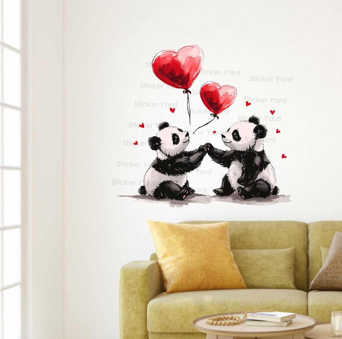 FramingoKart Pvc Vinyl Panda Couple Hearts Self-Adhesive Wall Sticker for Home Decor/Decoration - Living Room, Bedroom, Kids Room (Multicolor,Size 73X67CM)