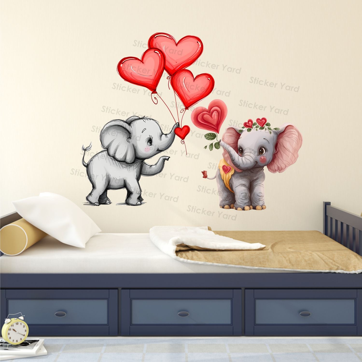FramingoKart Pvc Vinyl Elephants Couple Hearts Self-Adhesive Wall Sticker for Home Decor/Decoration - Living Room, Bedroom, Kids Room (Multicolor,Size 67X53CM)