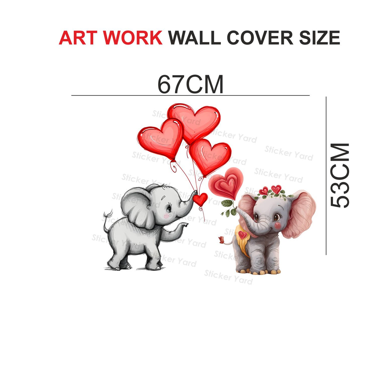 FramingoKart Pvc Vinyl Elephants Couple Hearts Self-Adhesive Wall Sticker for Home Decor/Decoration - Living Room, Bedroom, Kids Room (Multicolor,Size 67X53CM)