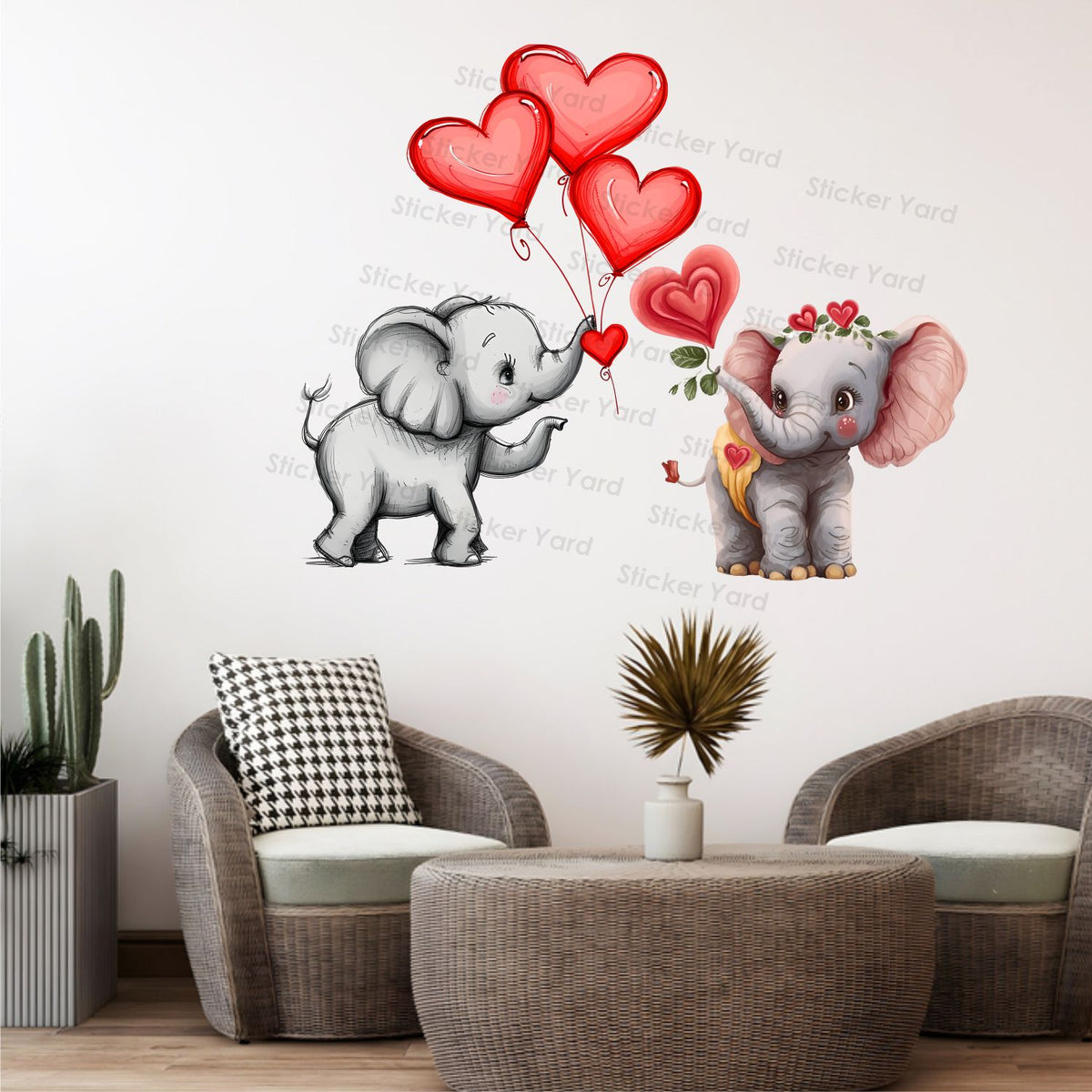 FramingoKart Pvc Vinyl Elephants Couple Hearts Self-Adhesive Wall Sticker for Home Decor/Decoration - Living Room, Bedroom, Kids Room (Multicolor,Size 67X53CM)