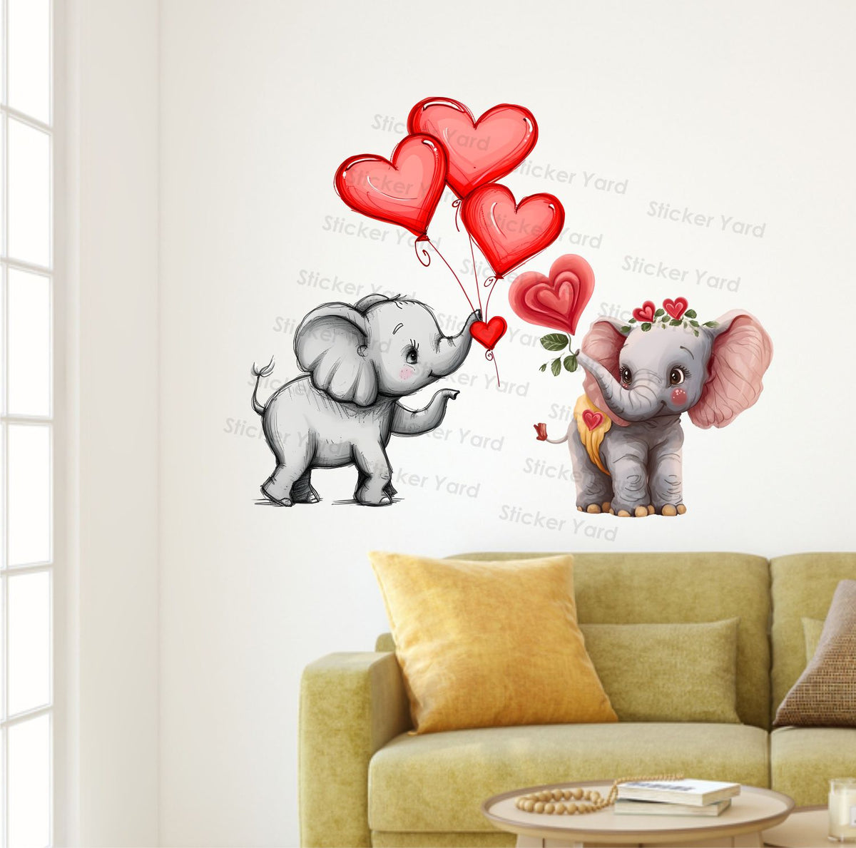 FramingoKart Pvc Vinyl Elephants Couple Hearts Self-Adhesive Wall Sticker for Home Decor/Decoration - Living Room, Bedroom, Kids Room (Multicolor,Size 67X53CM)