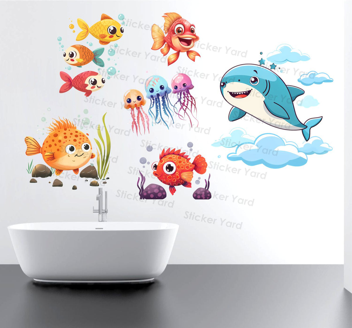 FramingoKart Pvc Vinyl Fishes Aquarium Self-Adhesive Wall Sticker for Home Decor/Decoration - Living Room, Bedroom, Kids Room (Multicolor,Size 78X47CM)
