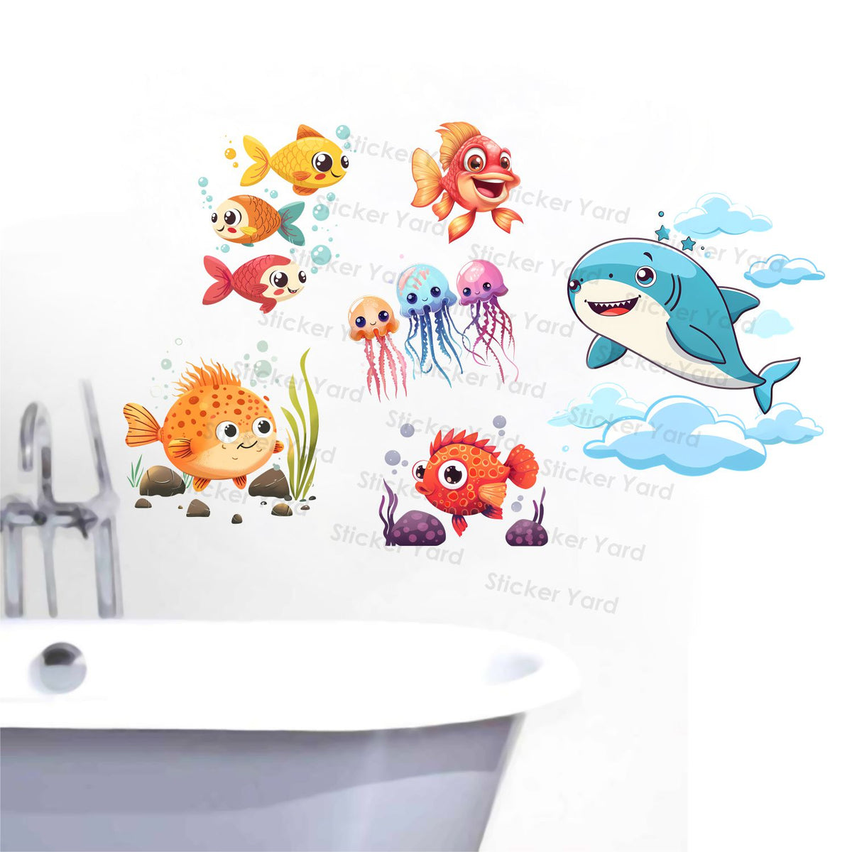 FramingoKart Pvc Vinyl Fishes Aquarium Self-Adhesive Wall Sticker for Home Decor/Decoration - Living Room, Bedroom, Kids Room (Multicolor,Size 78X47CM)