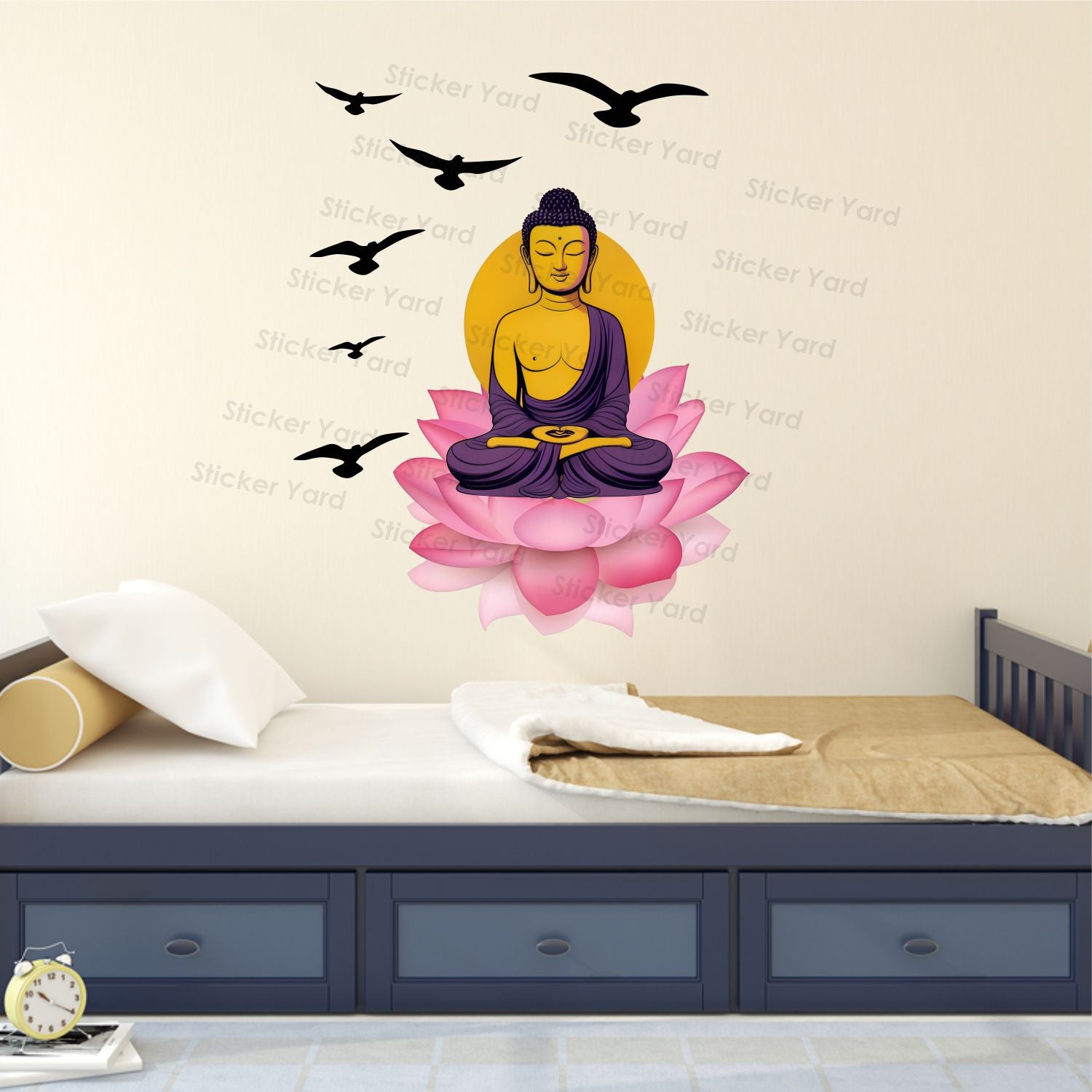 FramingoKart Pvc Vinyl Meditating Buddha Birds Self-Adhesive Wall Sticker for Home Decor/Decoration - Living Room, Bedroom, Kids Room (Multicolor,Size 60X75CM)