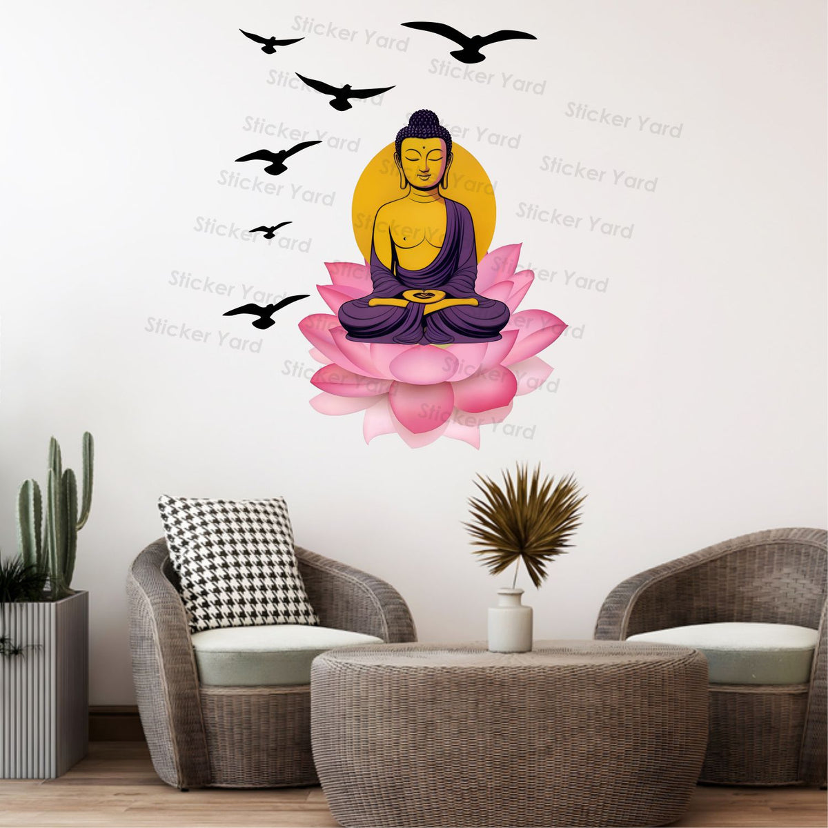 FramingoKart Pvc Vinyl Meditating Buddha Birds Self-Adhesive Wall Sticker for Home Decor/Decoration - Living Room, Bedroom, Kids Room (Multicolor,Size 60X75CM)