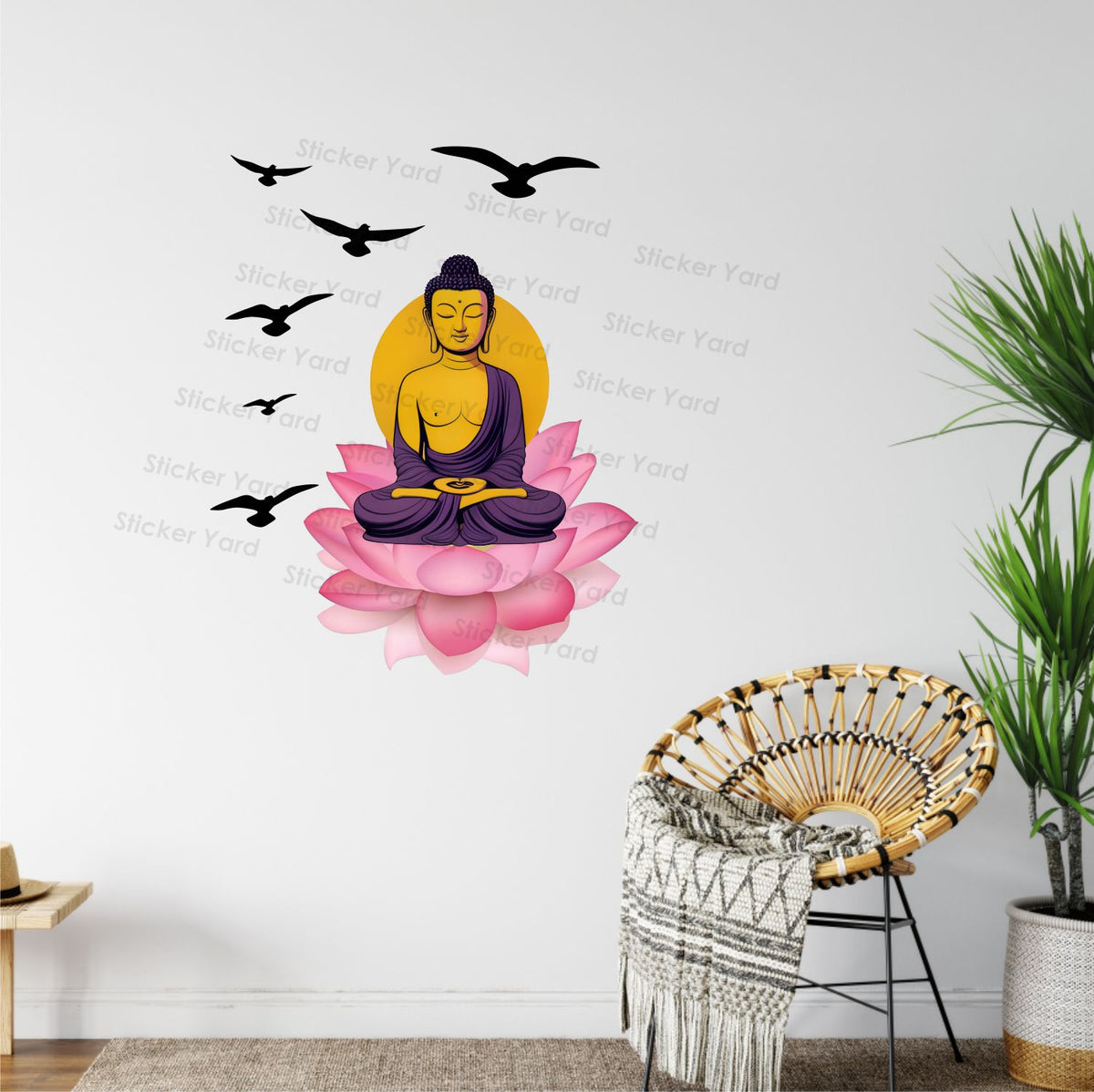 FramingoKart Pvc Vinyl Meditating Buddha Birds Self-Adhesive Wall Sticker for Home Decor/Decoration - Living Room, Bedroom, Kids Room (Multicolor,Size 60X75CM)