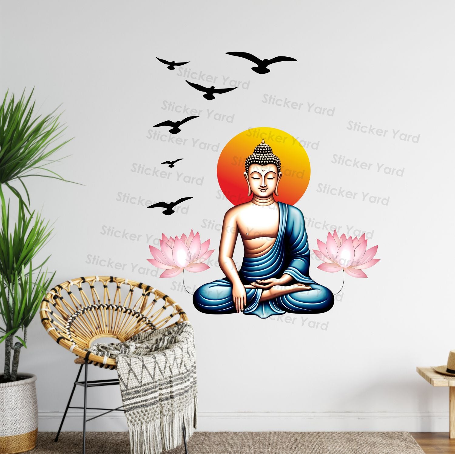 FramingoKart Pvc Vinyl Buddha Flower Birds Self-Adhesive Wall Sticker for Home Decor/Decoration - Living Room, Bedroom, Kids Room (Multicolor,Size 71X81CM)