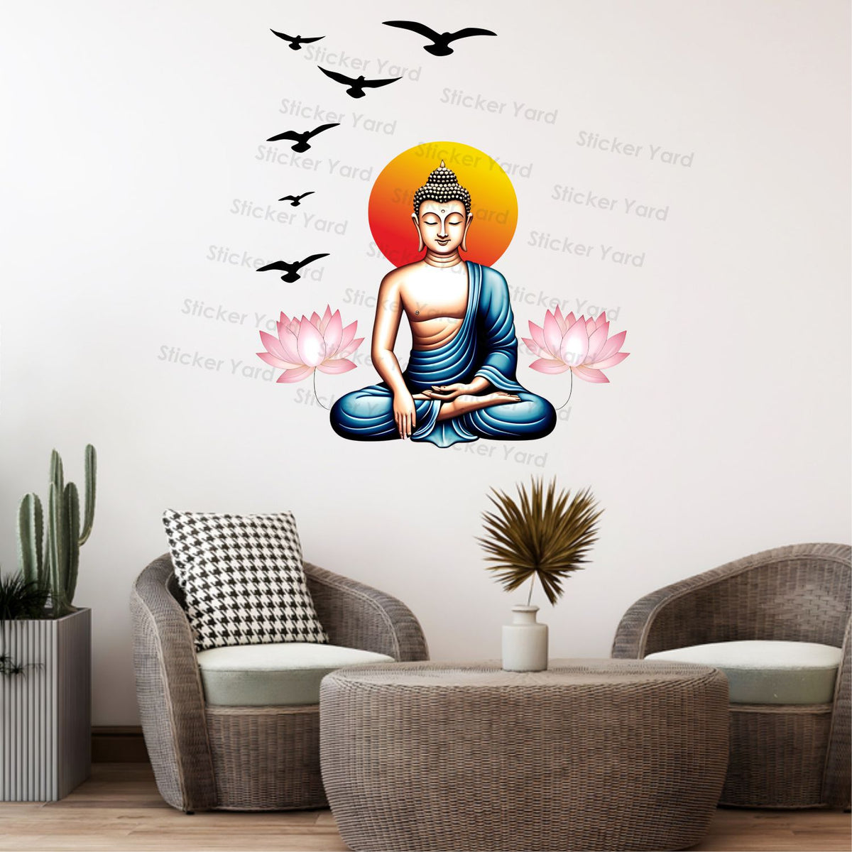 FramingoKart Pvc Vinyl Buddha Flower Birds Self-Adhesive Wall Sticker for Home Decor/Decoration - Living Room, Bedroom, Kids Room (Multicolor,Size 71X81CM)