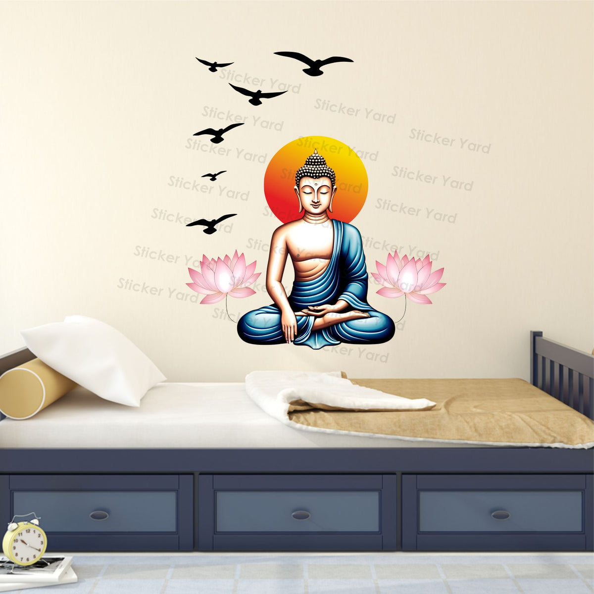FramingoKart Pvc Vinyl Buddha Flower Birds Self-Adhesive Wall Sticker for Home Decor/Decoration - Living Room, Bedroom, Kids Room (Multicolor,Size 71X81CM)
